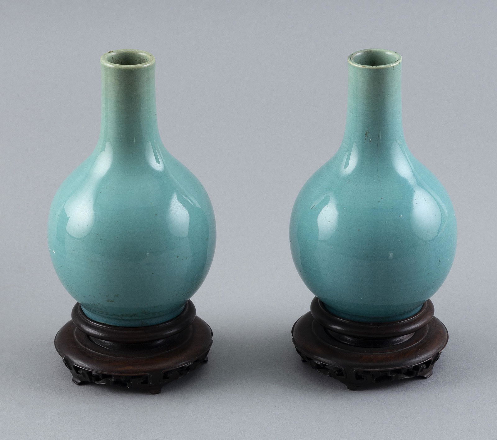 PAIR OF MINIATURE JAPANESE TURQUOISE BLUE PORCELAIN BOTTLE VASES 19th Century Heights 5”. With (1 of 4)