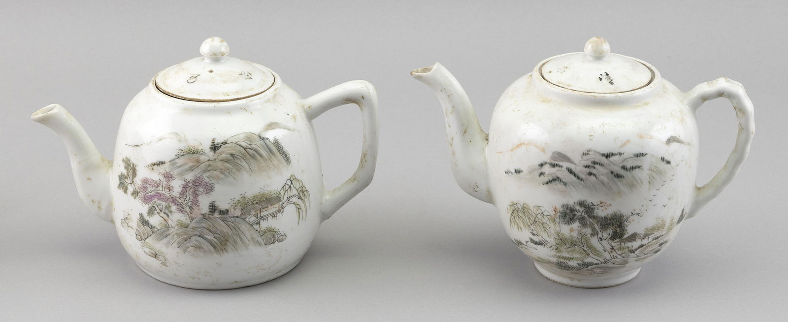 PAIR OF CHINESE FAMILLE VERTE PORCELAIN TEAPOTS 19th Century Heights 6”. Lengths 7.5”. (1 of 2)