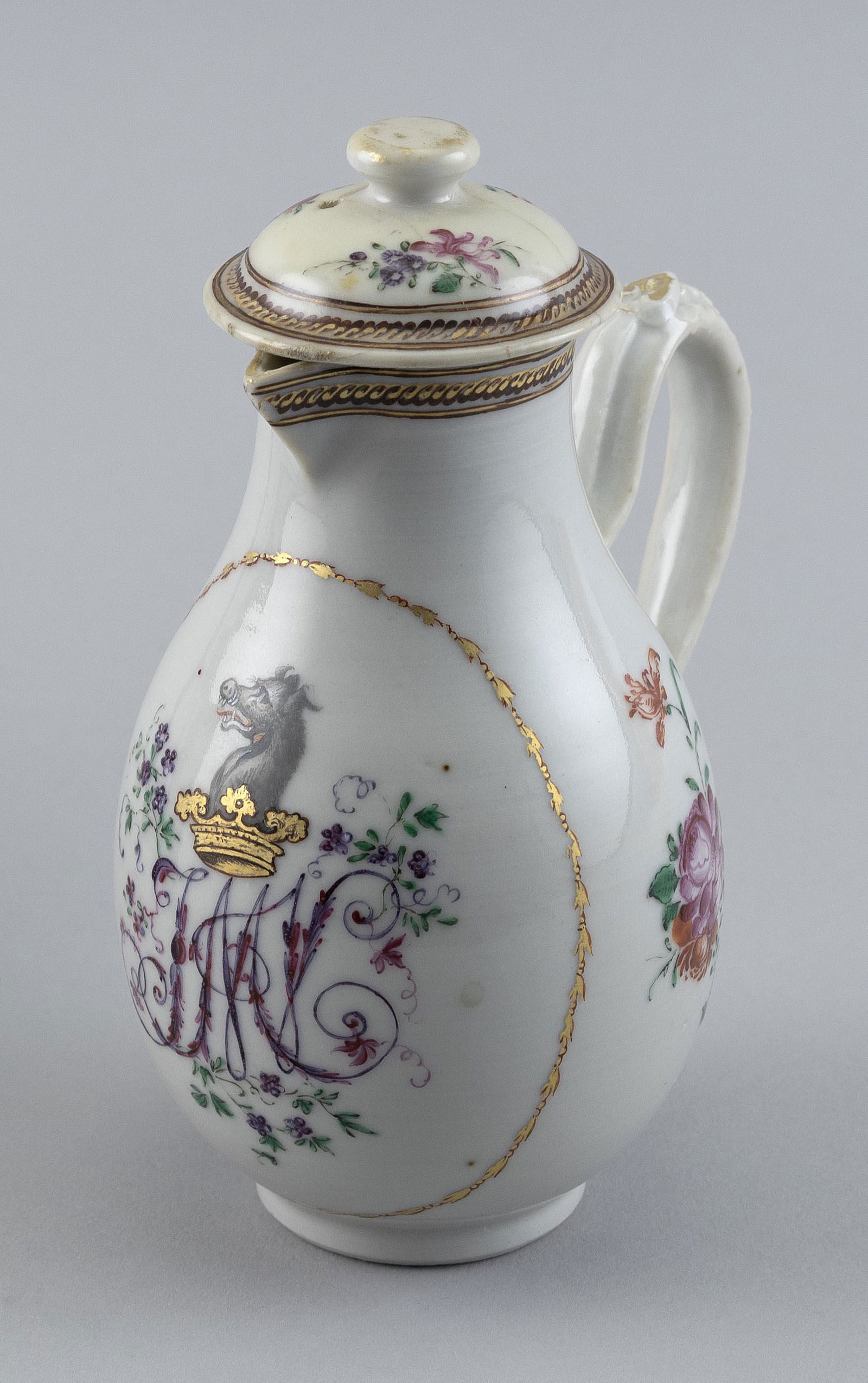 CHINESE EXPORT FAMILLE ROSE ARMORIAL PORCELAIN COVERED CREAMER Mid-19th Century Height 6” . (1 of 3)