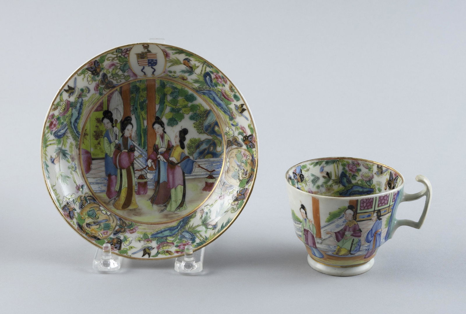 CHINESE EXPORT ROSE MANDARIN ARMORIAL PORCELAIN CUP AND SAUCER 19th Century Cup height 2.5”. (1 of 4)