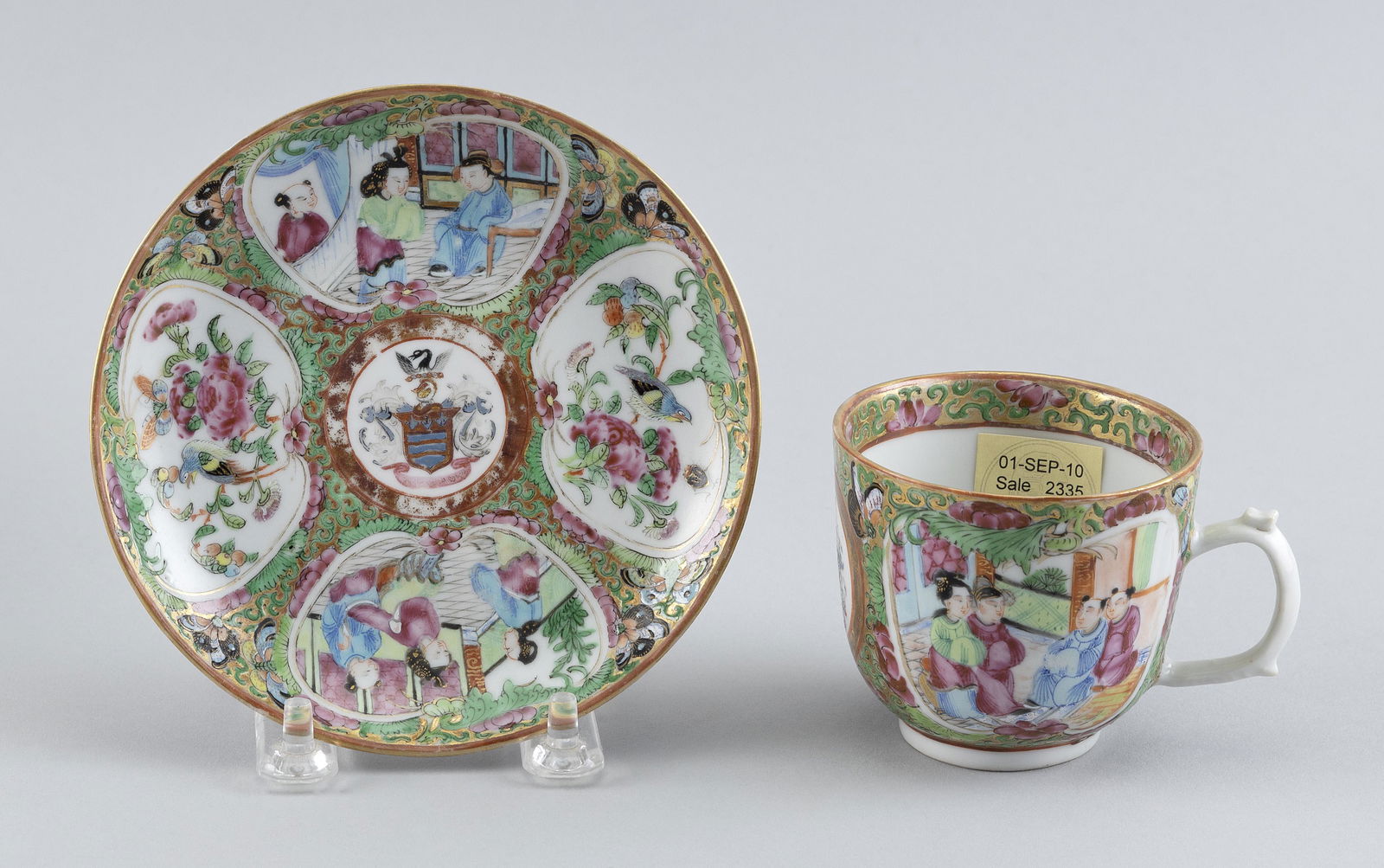 CHINESE EXPORT ROSE MANDARIN ARMORIAL PORCELAIN CUP AND SAUCER 19th Century Cup height 2.5”. (1 of 2)
