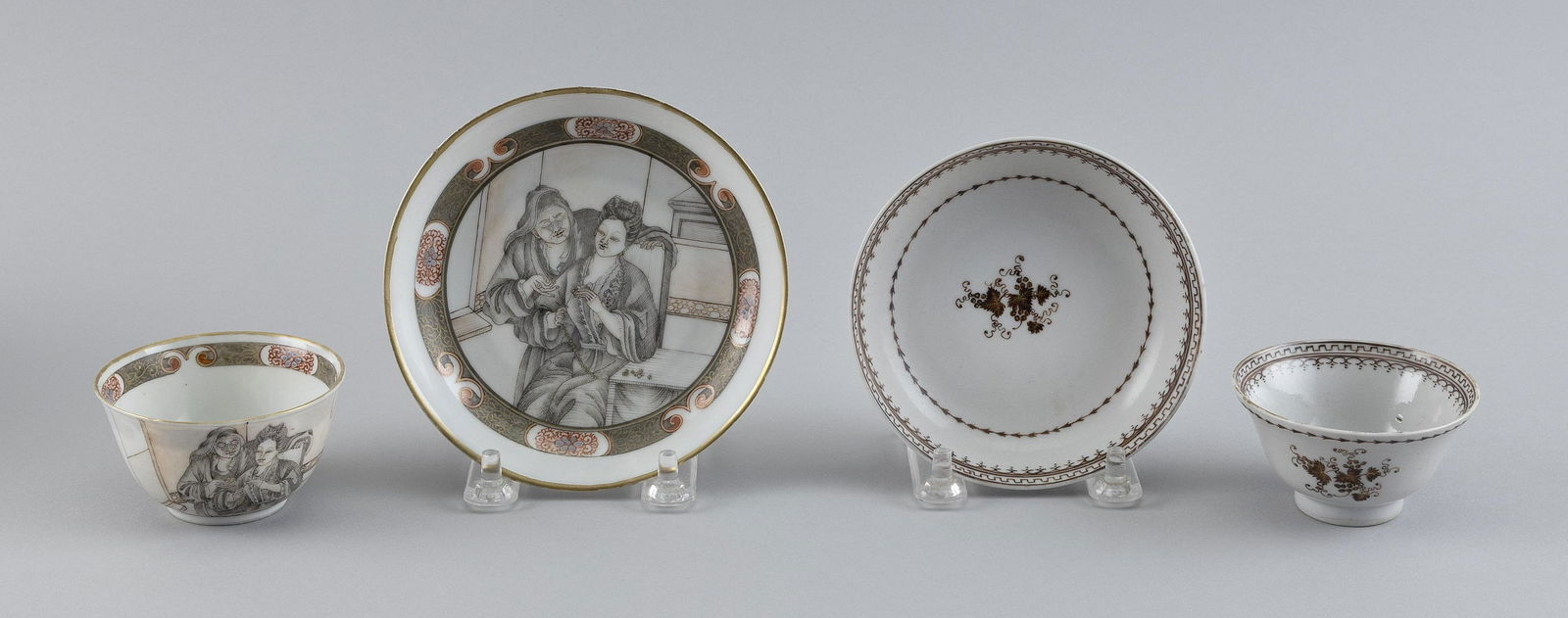 TWO CHINESE EXPORT FAMILLE ROSE AND SEPIA PORCELAIN CUPS AND SAUCERS 18th/19th Century (1 of 4)