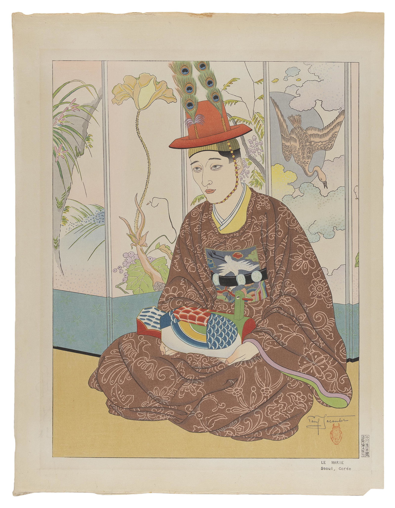 PAUL JACOULET (France/Japan, 1902-1960), Le Marie: Seoul, Coree (#92)., Woodblock print, 18.75" x: PAUL JACOULET France/Japan, 1902-1960 Le Marie: Seoul, Coree (#92). Signed in pencil lower right over the Owl seal. Numbered 91/350. Woodblock print, 18.75" x 14.25". Matted 23.5" x 19.5".