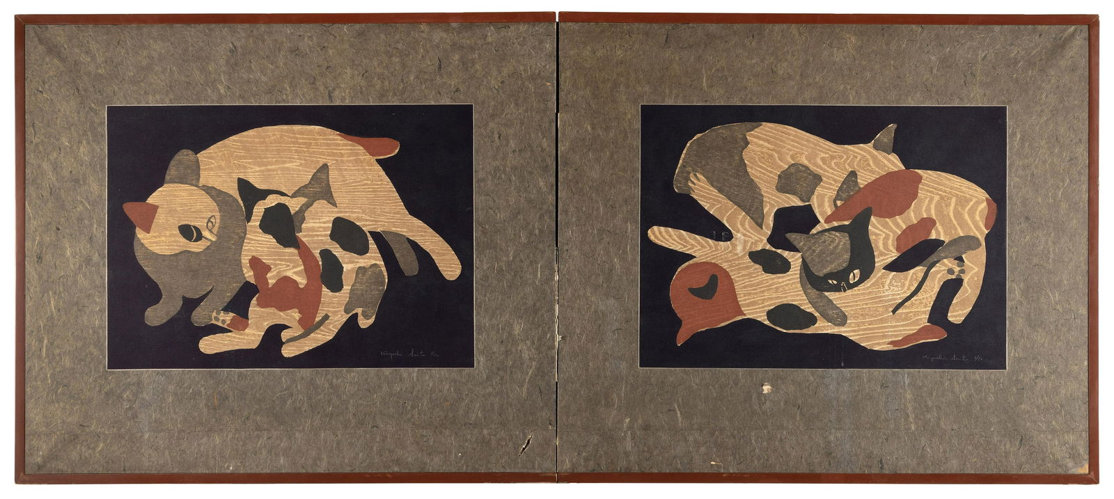 KIYOSHI SAITO (Japan, 1907-1997), "Caress": two views of cats and kittens., Woodblock prints, (1 of 1)