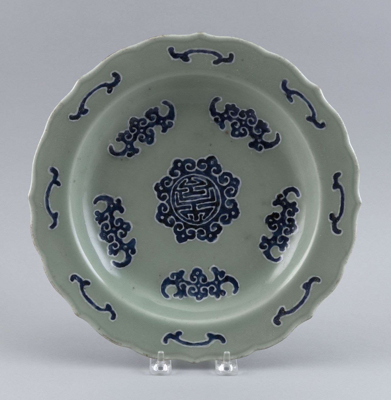 CHINESE BLUE-ON-CELADON PORCELAIN LOTUS DISH 19th Century Diameter 11”. (1 of 4)