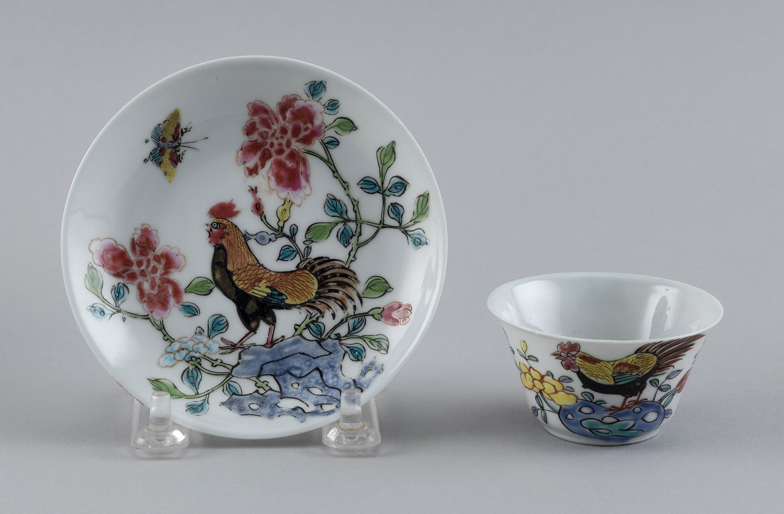 CHINESE FAMILLE ROSE PORCELAIN CHICKEN CUP AND SAUCER 18th/19th Century Cup height 1.5". Saucer (1 of 5)