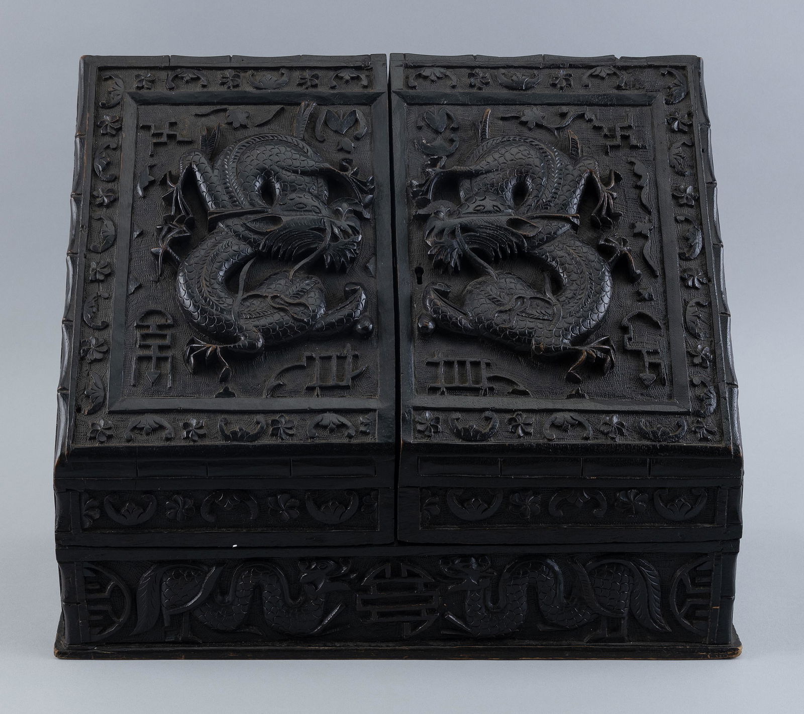 CHINESE CARVED WOODEN SLANT-LID LETTER BOX Early 20th Century Height 11". Width 14". Depth 7". (1 of 3)