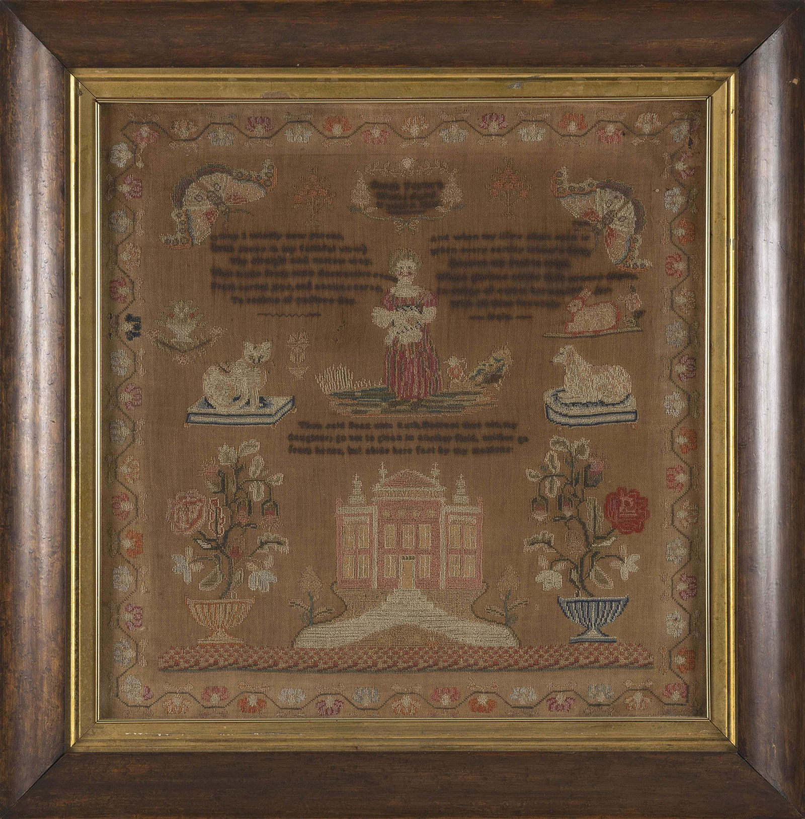 NEEDLEWORK SAMPLER, PROBABLY ENGLISH Circa 1830s 22” x 21.5”. Framed 28.5” x (1 of 2)