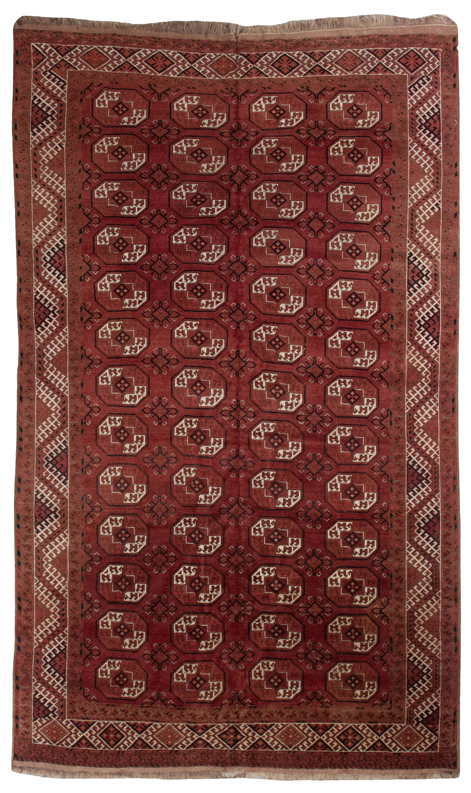 AFGHAN BOKHARA RUG: 7’1” X 11’11” Second Half of the 20th Century: AFGHAN BOKHARA RUG: 7’1” X 11’11” Second Half of the 20th Century Dark red field with four columns of geometric guls in bright ivory, red, blue and tan with subtle yellow accen