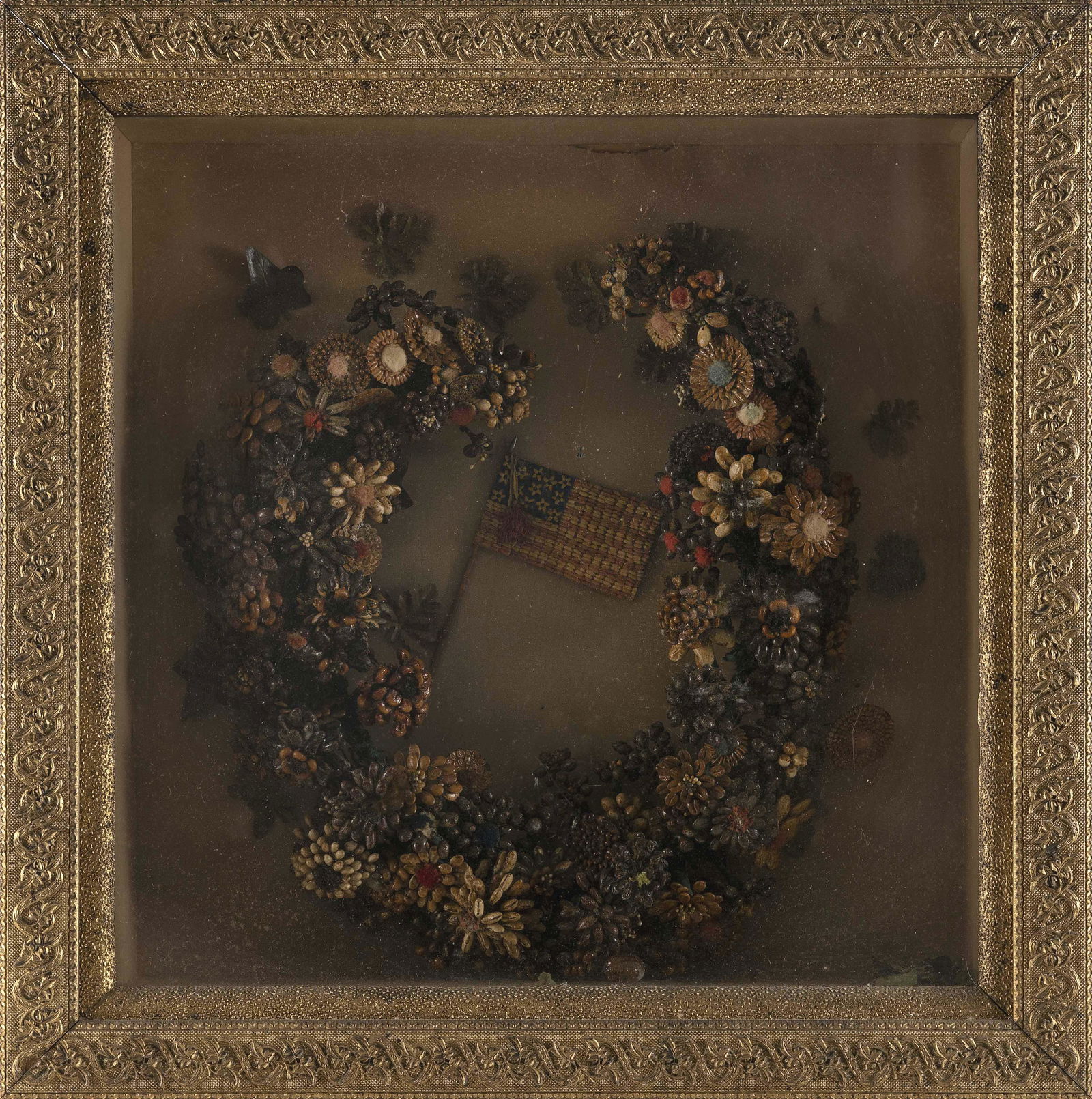VICTORIAN DIORAMA WITH SHELLWORK AMERICAN FLAG 19th Century Frame height 28”. Width 28”. (1 of 1)