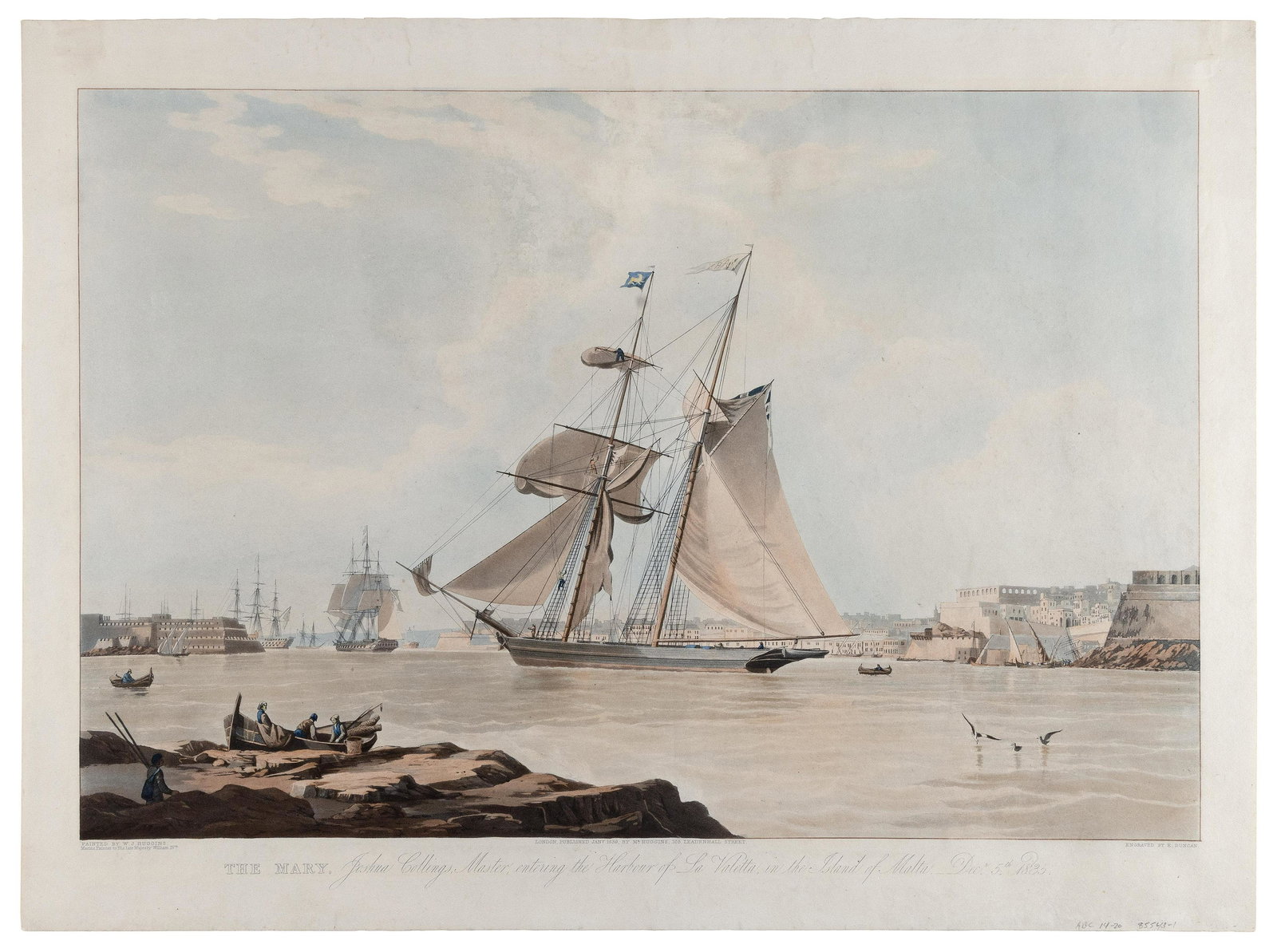 MARITIME AQUATINT AND ENGRAVING 14.5” x 21.625” (664mm x 549mm). Unframed.: MARITIME AQUATINT AND ENGRAVING“The Mary, Joshua Collings Master, entering the Harbour of La Valletta in the Island of Malta, Dec 5th 1835”. After the painting by W.J. Huggins.14.5”