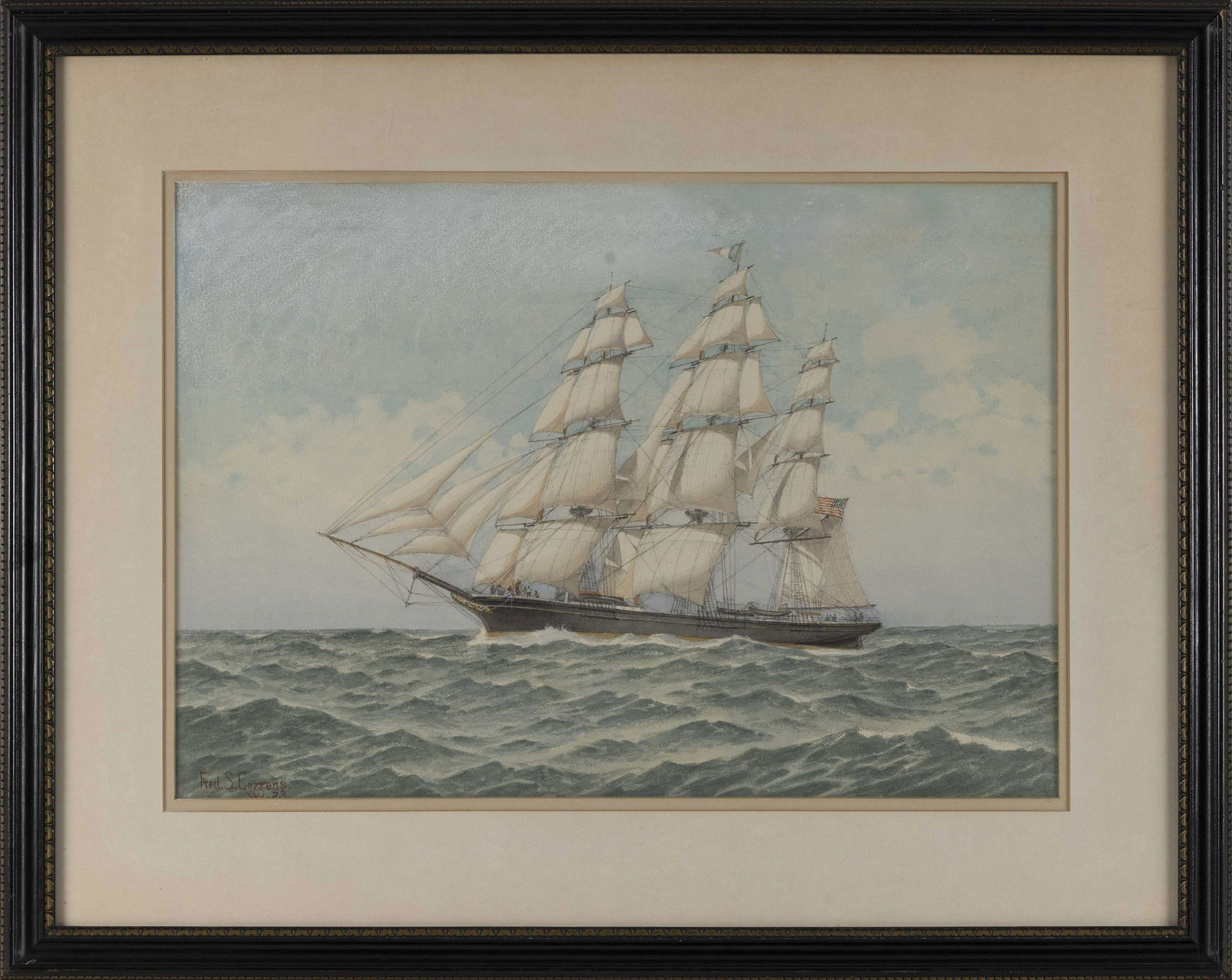 FREDERIC SCHILLER COZZENS (New York, 1846-1928), Portrait of a three-masted vessel., Watercolor, (1 of 2)