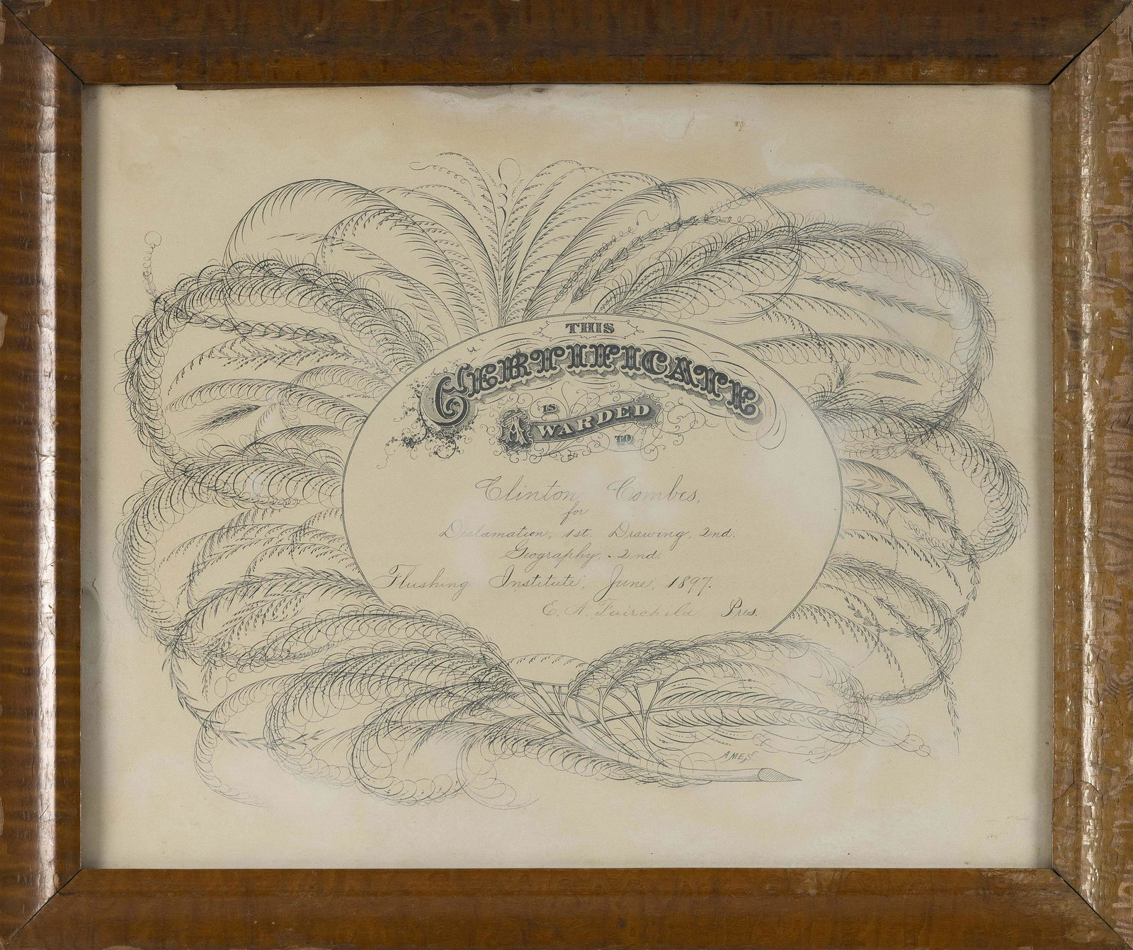CALLIGRAPHIC CERTIFICATE Late 19th Century 13.5" x 16.5" sight. Framed 16.5" x 19.5". (1 of 2)