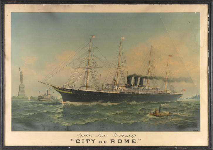 ANCHOR LINE STEAMSHIP 'CITY OF ROME' CHROMOLITHOGRAPH Framed 29.75” x