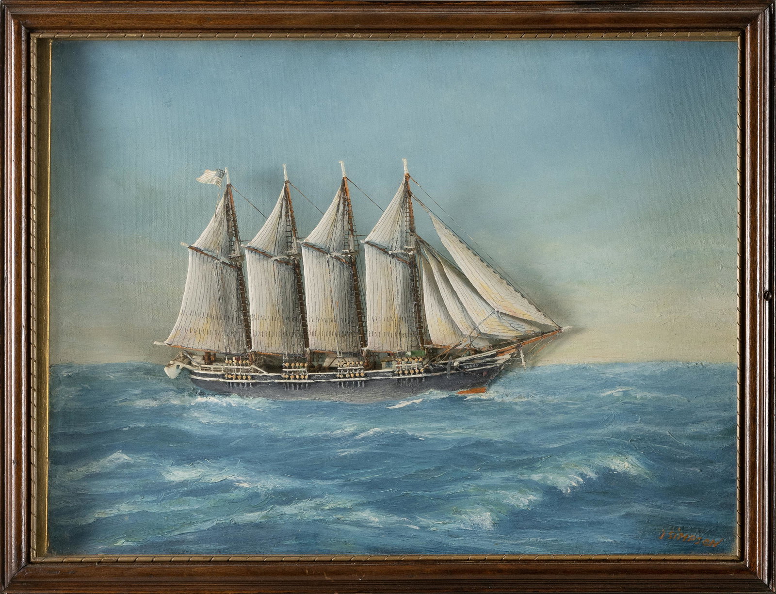 DIORAMA OF A FOUR-MASTED AMERICAN SHIP Mid-20th Century Total height 19”. Width 24”.: DIORAMA OF A FOUR-MASTED AMERICAN SHIP Mid-20th Century Signed lower right “J. Simpson”. Housed in a walnut frame. Total height 19”. Width 24”. Depth 3.675”.