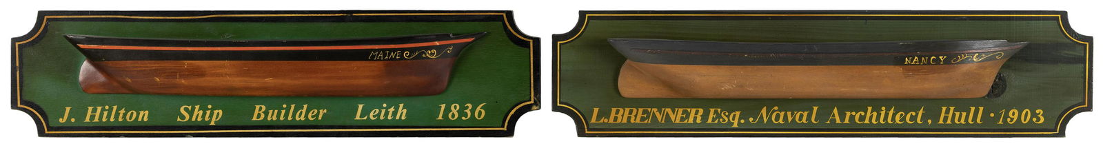 TWO MOUNTED HALF HULL MODELS Contemporary Backboards 6.5” x 26”. (1 of 1)