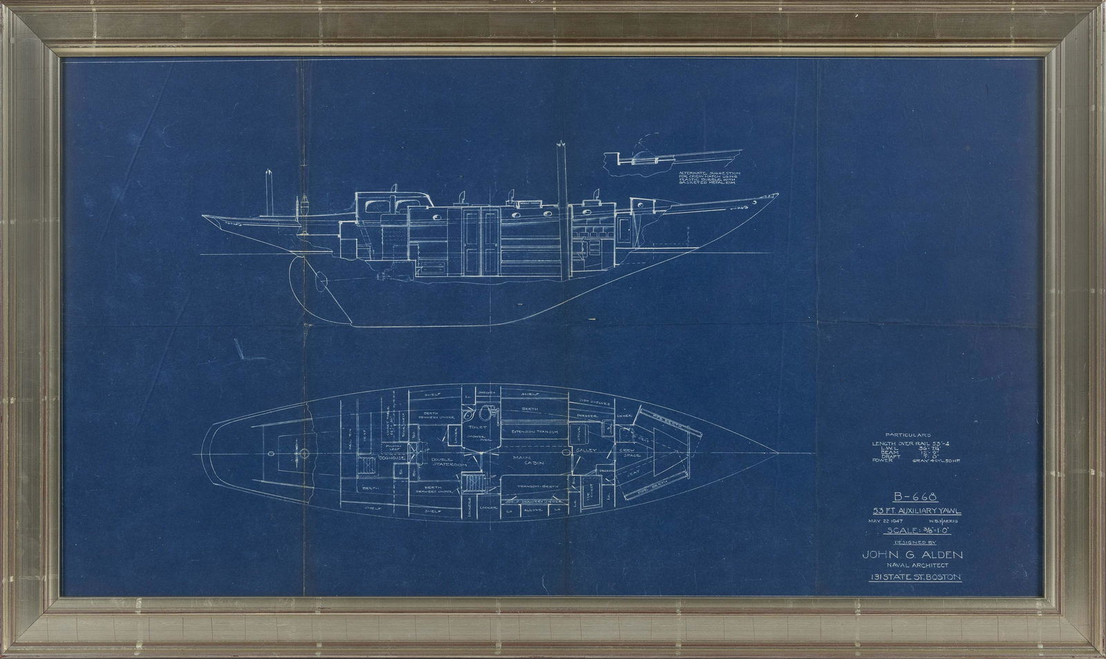 YACHT BUILDER'S BLUEPRINT 20th Century 18.75" x 34" sight. Framed 23" x 38". (1 of 2)