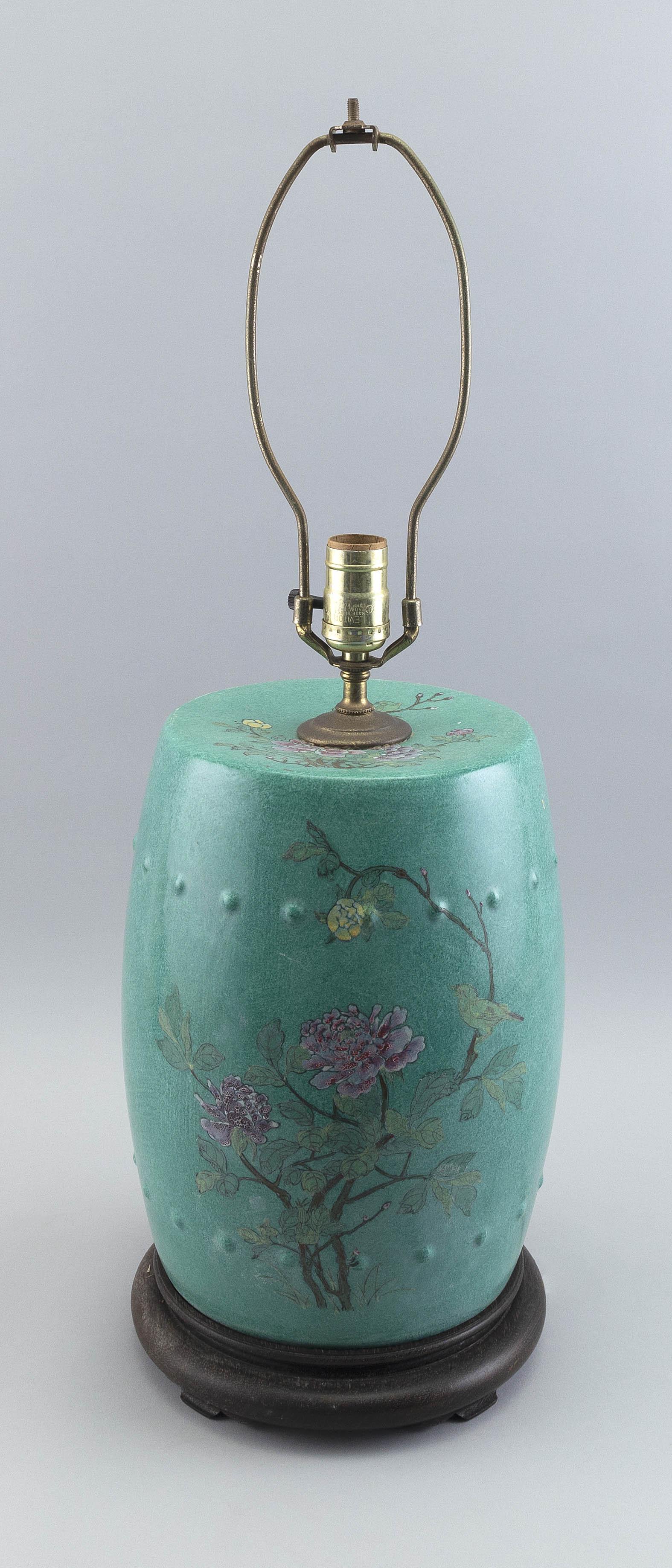 CHINESE FAMILLE ROSE PORCELAIN GARDEN STOOL MOUNTED AS A TABLE LAMP 20th Century Stool height (1 of 2)