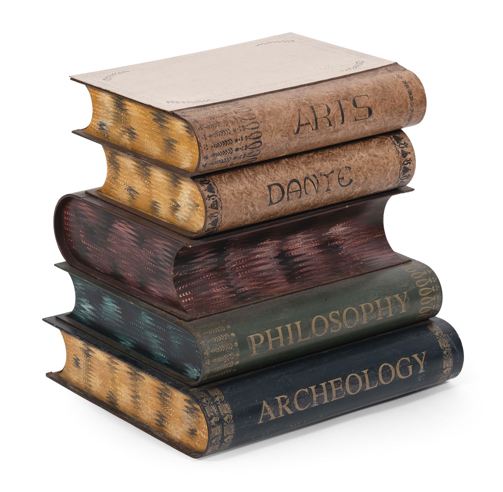 PAINTED TIN "STACKED BOOKS" SIDE TABLE Italy, Mid-20th Century Height 18.5”. Width approx. (1 of 1)