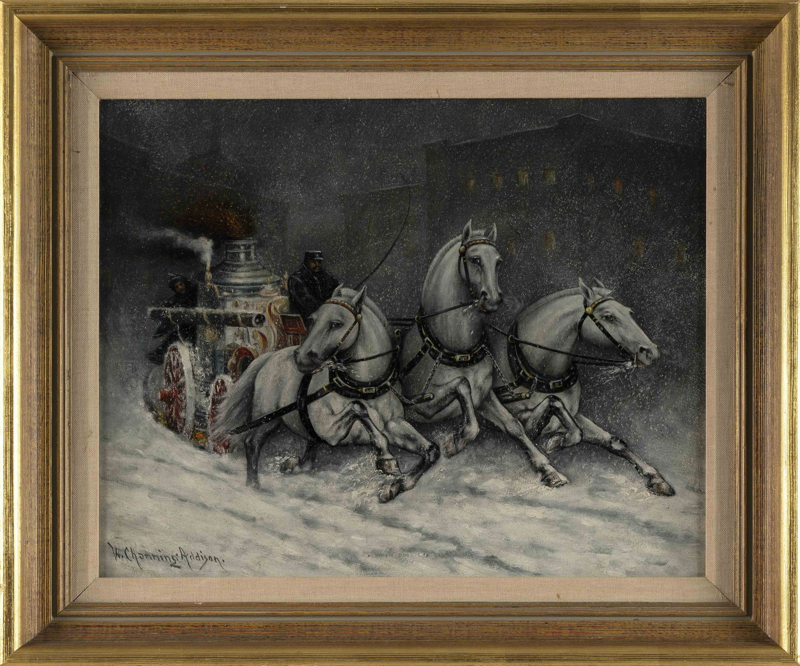 WALTER CHANNING ADDISON (Massachusetts/Florida, b. 1876), Horse-drawn fire wagon in the snow., Oil (1 of 2)