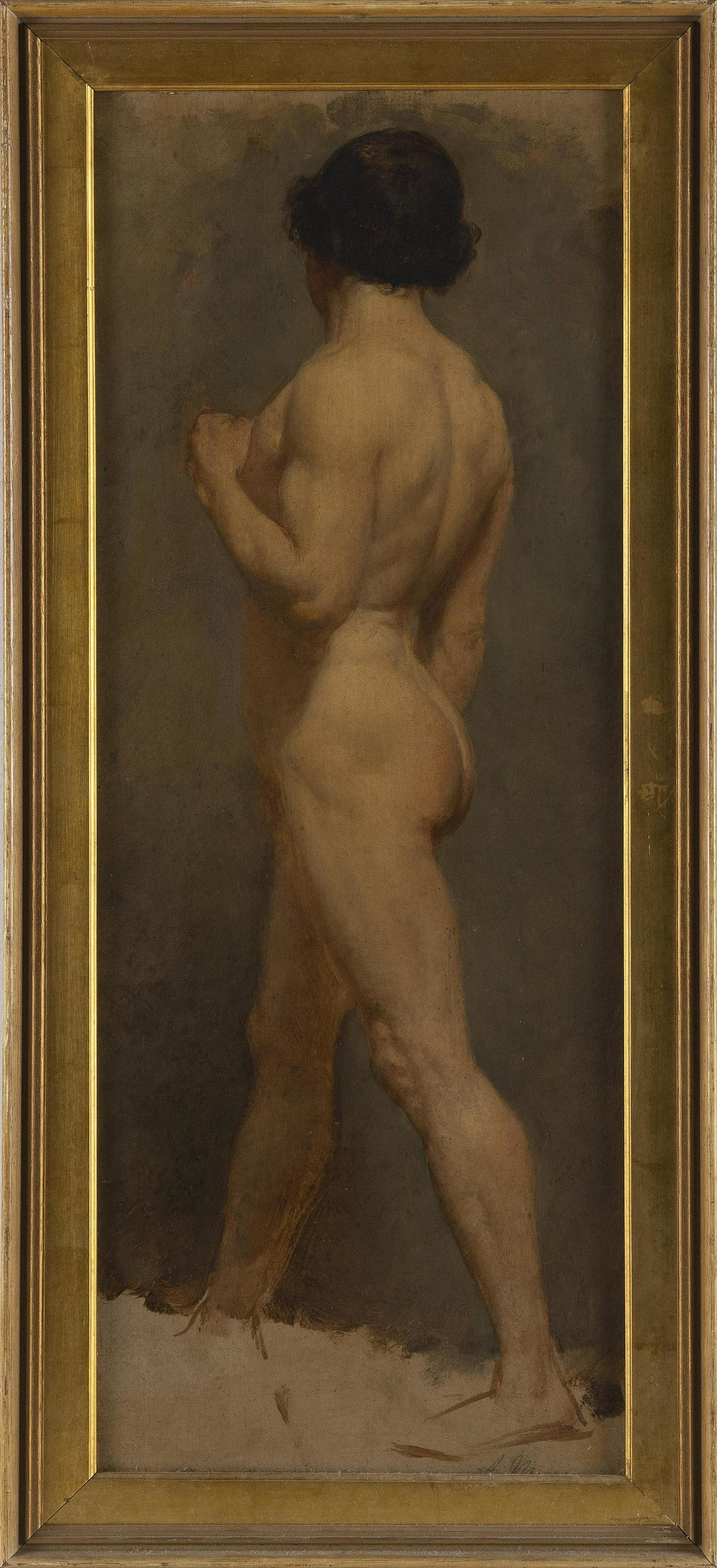 AMERICAN SCHOOL (Early 20th Century,), Study of standing male nude., Oil on artist board, 24" x: AMERICAN SCHOOL Early 20th Century Study of standing male nude. Signed illegibly lower right, possibly "A. Morgan". Oil on artist board, 24" x 9.5". Framed 26.5" x 12".