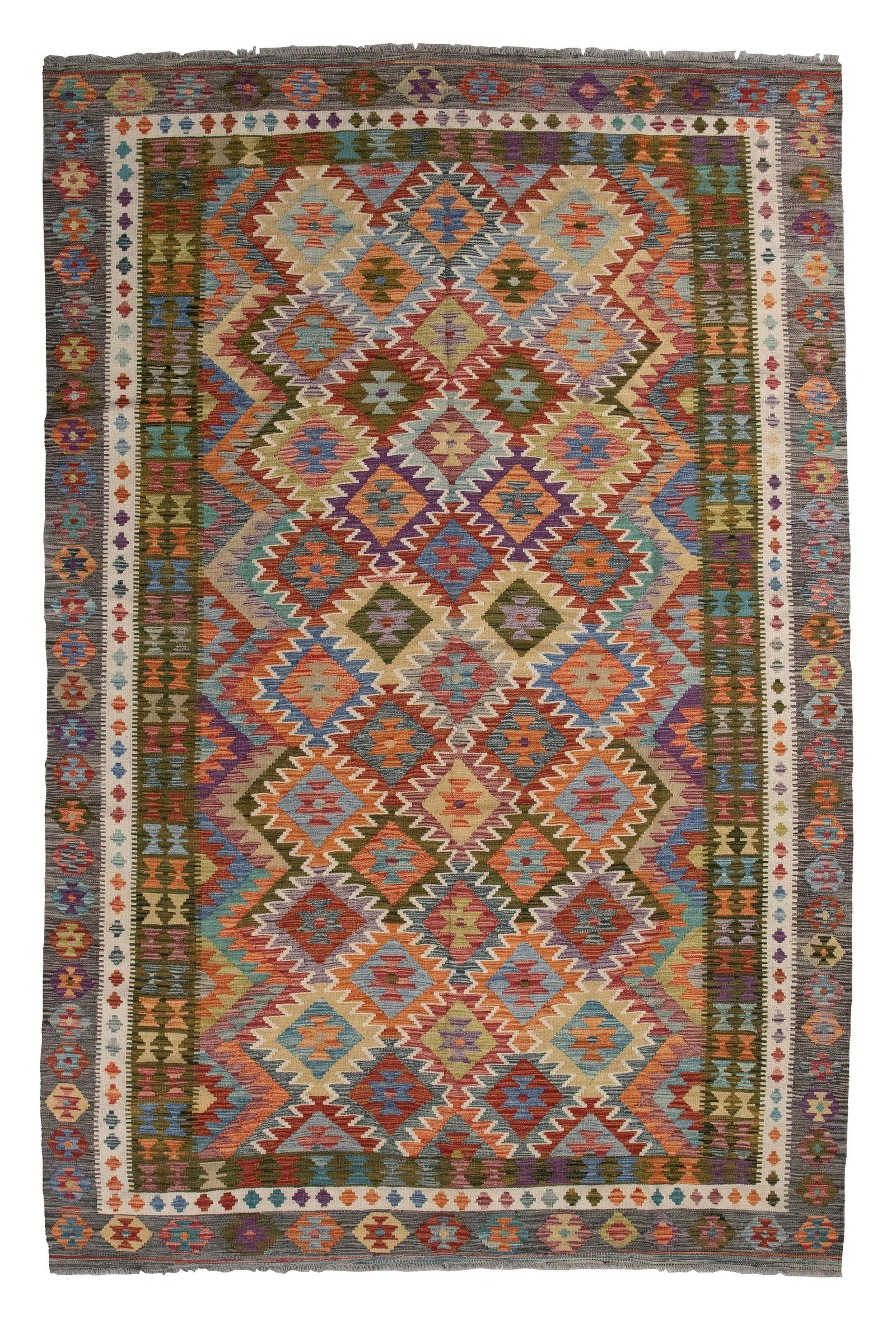KILIM RUG: 6’8” X 10’1” Early 21st Century: KILIM RUG: 6â€™8” X 10â€™1” Early 21st Century Broad colorful palette of contiguous geometric medallions form the field. Green and ivory borders contain repeated geometric elemen