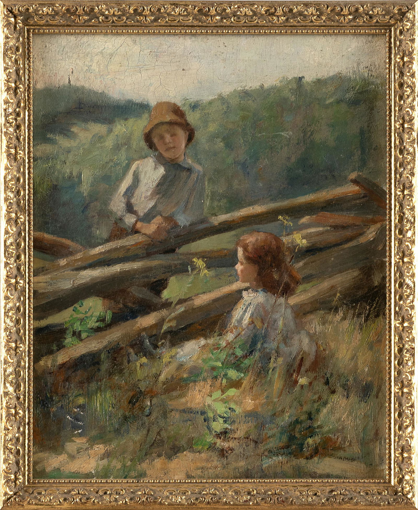 AMERICAN SCHOOL (Circa 1920,), A lad and lass on opposite sides of a fence., Oil on artist board, (1 of 2)