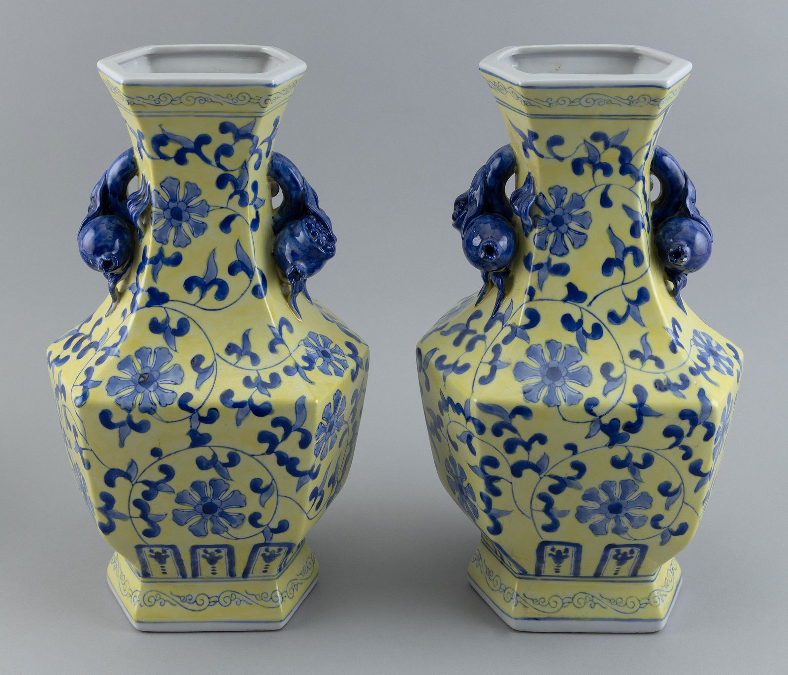 PAIR OF CHINESE BLUE AND YELLOW PORCELAIN BALUSTER VASES Late 20th Century Heights 14”. (1 of 3)
