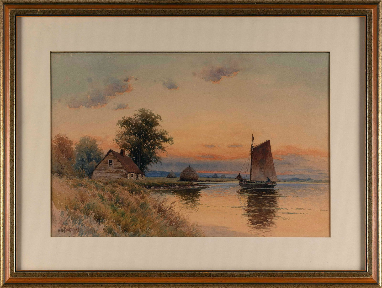 WILLIAM FREDERICK PASKELL (Massachusetts, 1866-1951), Sunlit coastal scene., Watercolor, 16” x: WILLIAM FREDERICK PASKELLMassachusetts, 1866-1951Sunlit coastal scene. Signed and dated lower left "Wm. Paskell 99".Watercolor, 16” x 23.5” sight. Framed 25” x 32.5”.