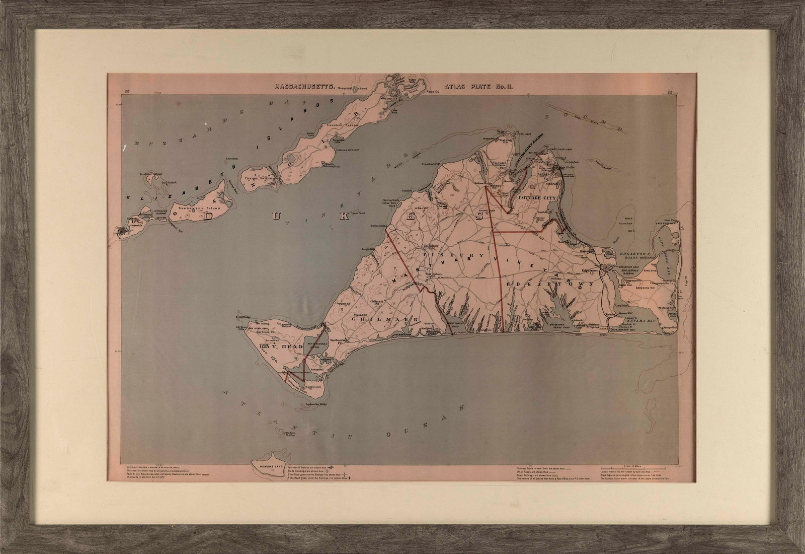 GEORGE WALKER ATLAS MAP OF MARTHA'S VINEYARD 1891 19" x 27.5". Framed 26.5" x 38". (1 of 2)