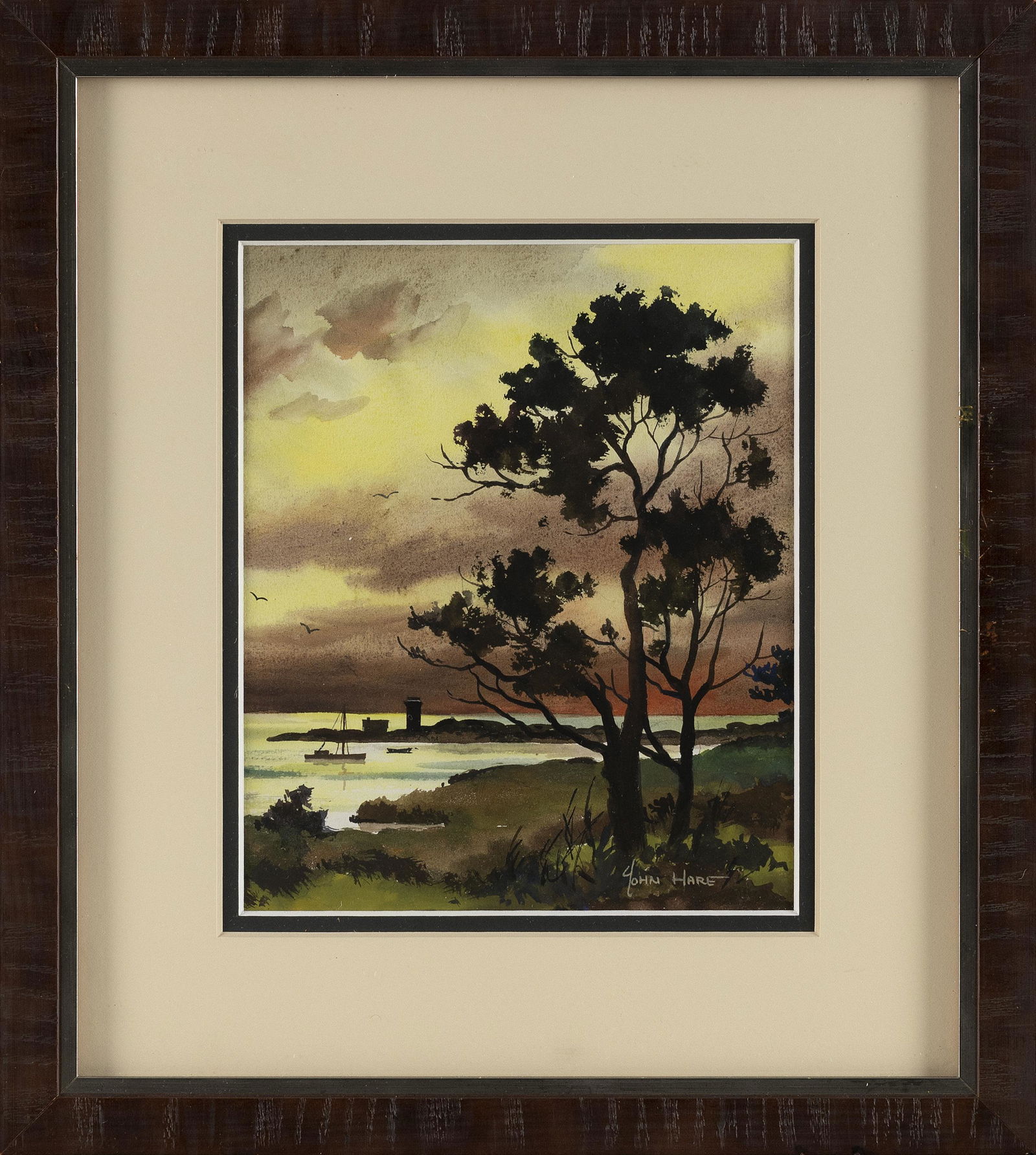 JOHN CUTHBERT HARE (Massachusetts/Florida, 1908-1978), "Sundown, Cape Cod"., Watercolor on paper, 8": JOHN CUTHBERT HAREMassachusetts/Florida, 1908-1978"Sundown, Cape Cod". Signed lower right "John Hare". Titled verso.Watercolor on paper, 8" x 6.5" sight. Framed 14"