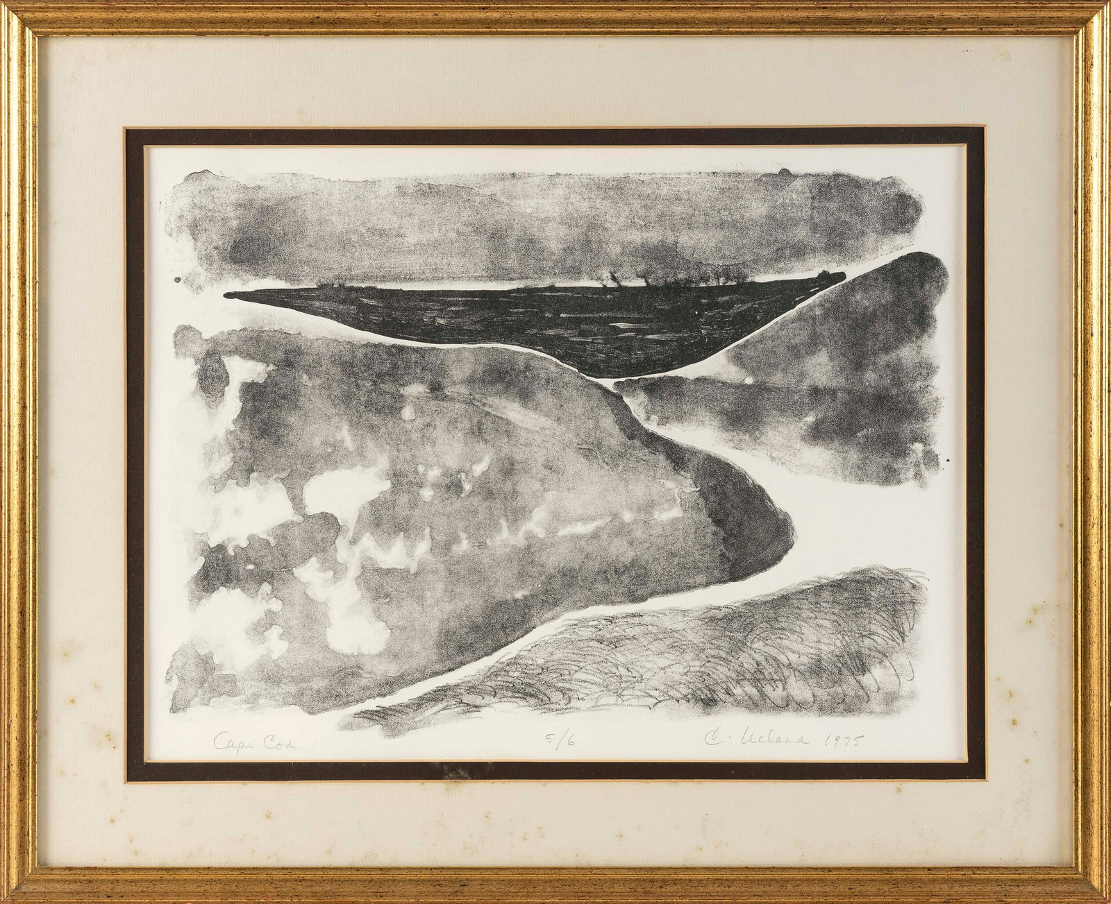 CAPE COD MONOTYPE Dated 1975 On paper, 12" x 15.5" sight. Framed 17" x 21".: "CAPE COD" MONOTYPE Dated 1975 Titled lower left. Signed lower right "C. Leeland". Numbered 5/6. On paper, 12" x 15.5" sight. Framed 17" x 21".