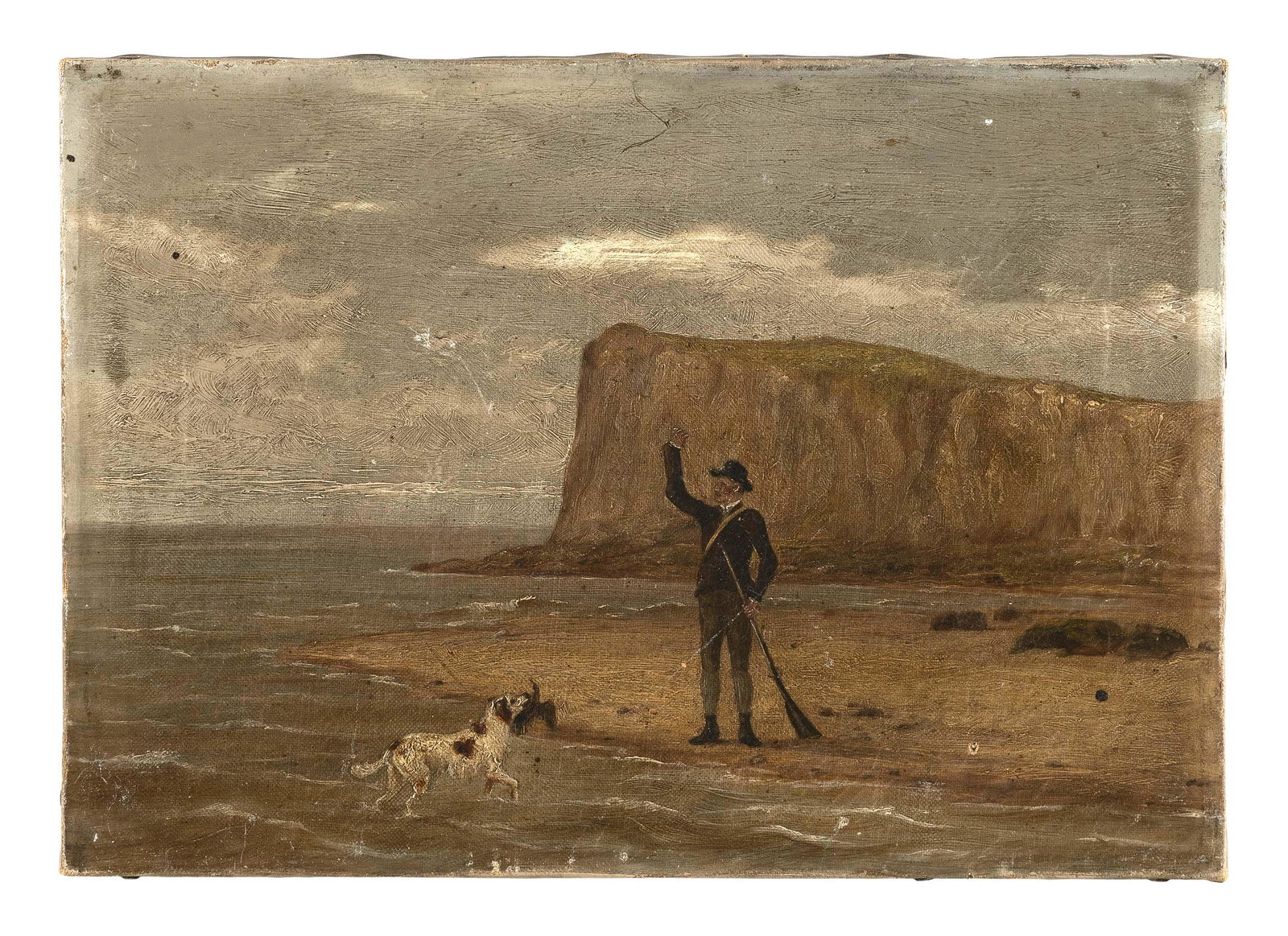AMERICAN SCHOOL (19th Century,), Hunter and retriever on the shore., Oil on canvas, 10” x (1 of 2)
