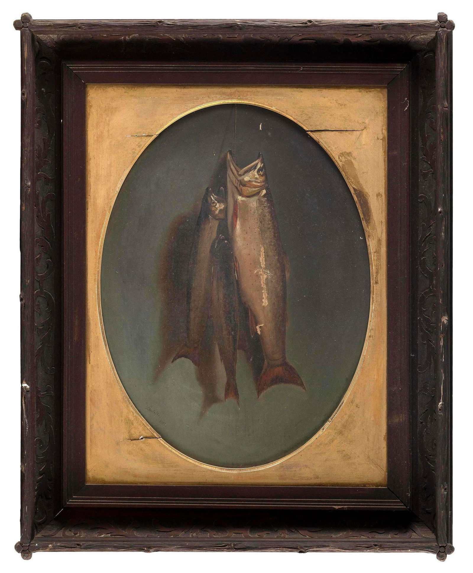 AMERICAN SCHOOL (19th Century,), Hanging trout., Oil on canvas, 25” x 18.5”. Framed (1 of 3)