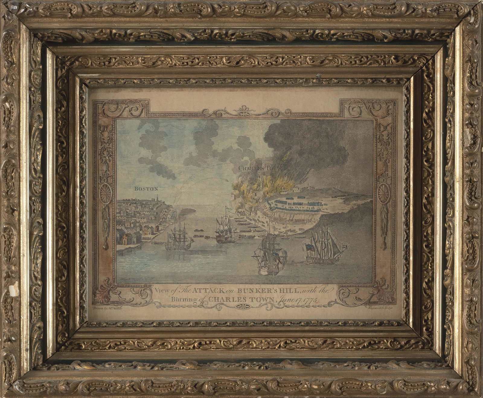 ATTACK ON BUNKER HILL HAND-COLORED ENGRAVING 18th Century 12.25” x 9.25” sight. Framed (1 of 2)