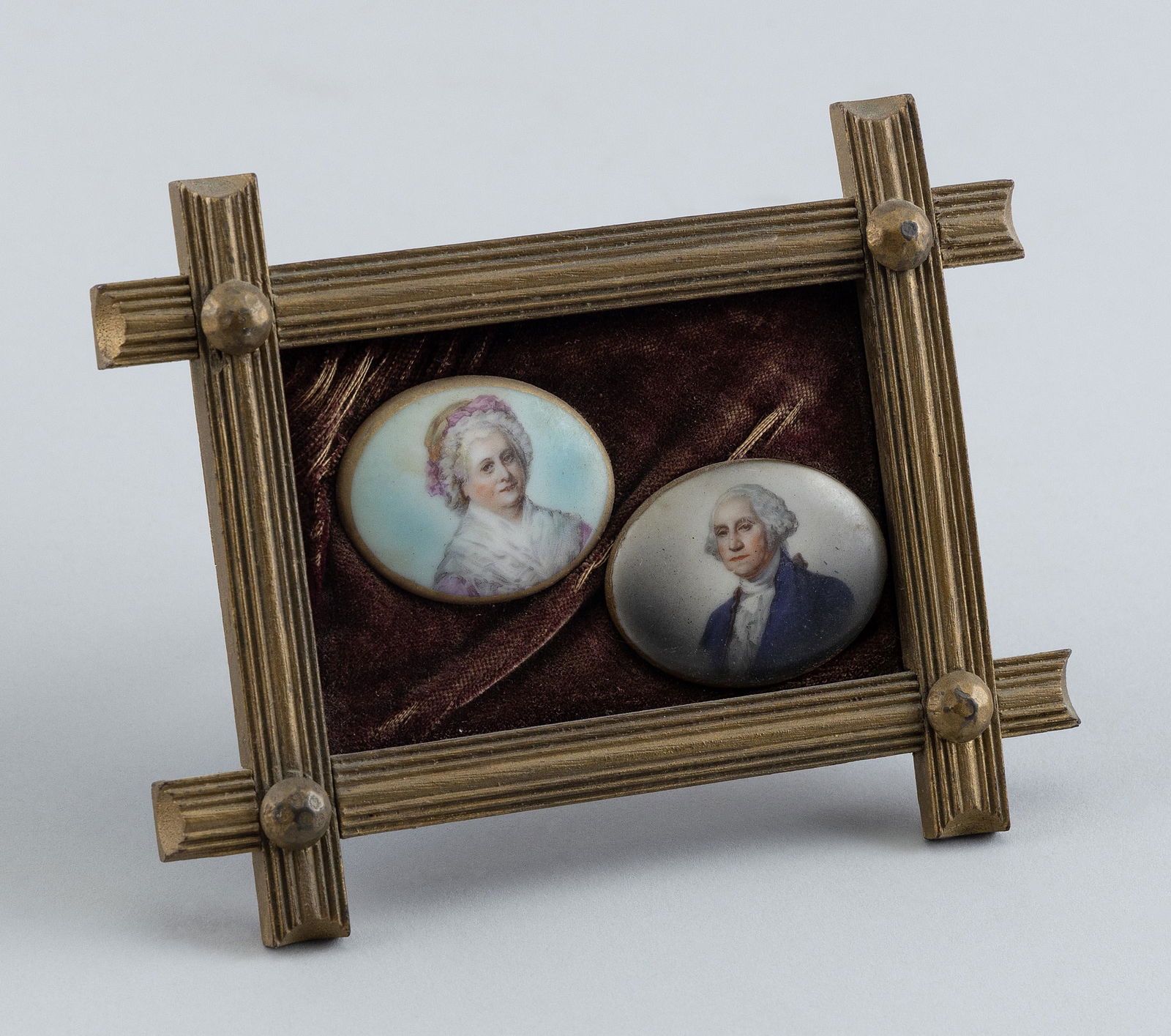 PAINTED CAMEOS OF GEORGE AND MARTHA WASHINGTON Late 19th Century Framed 4” x 5.5”. (1 of 2)