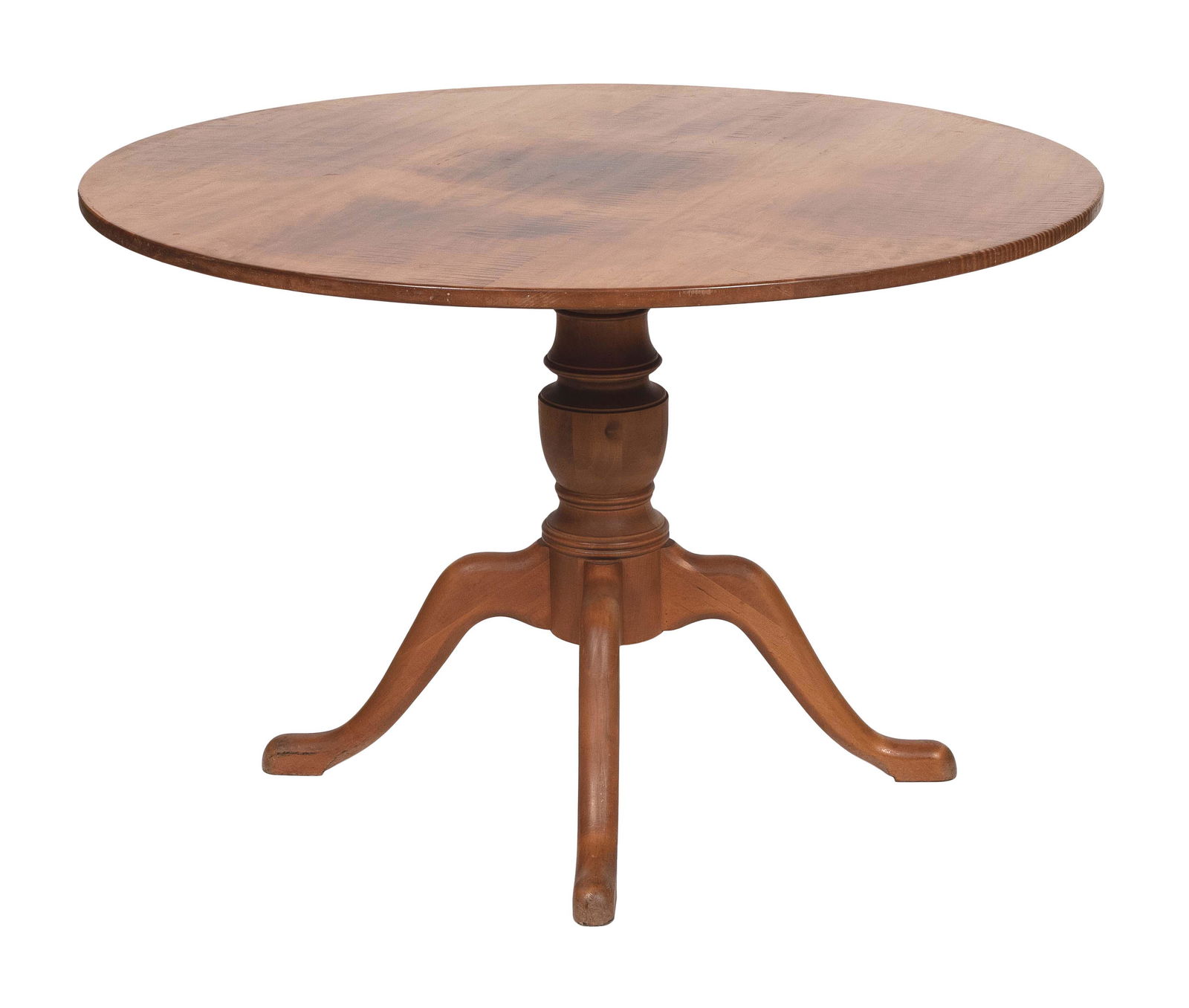 TIGER MAPLE PEDESTAL DINING TABLE Late 20th Century Height 29.25”. Diameter 44”. (1 of 2)