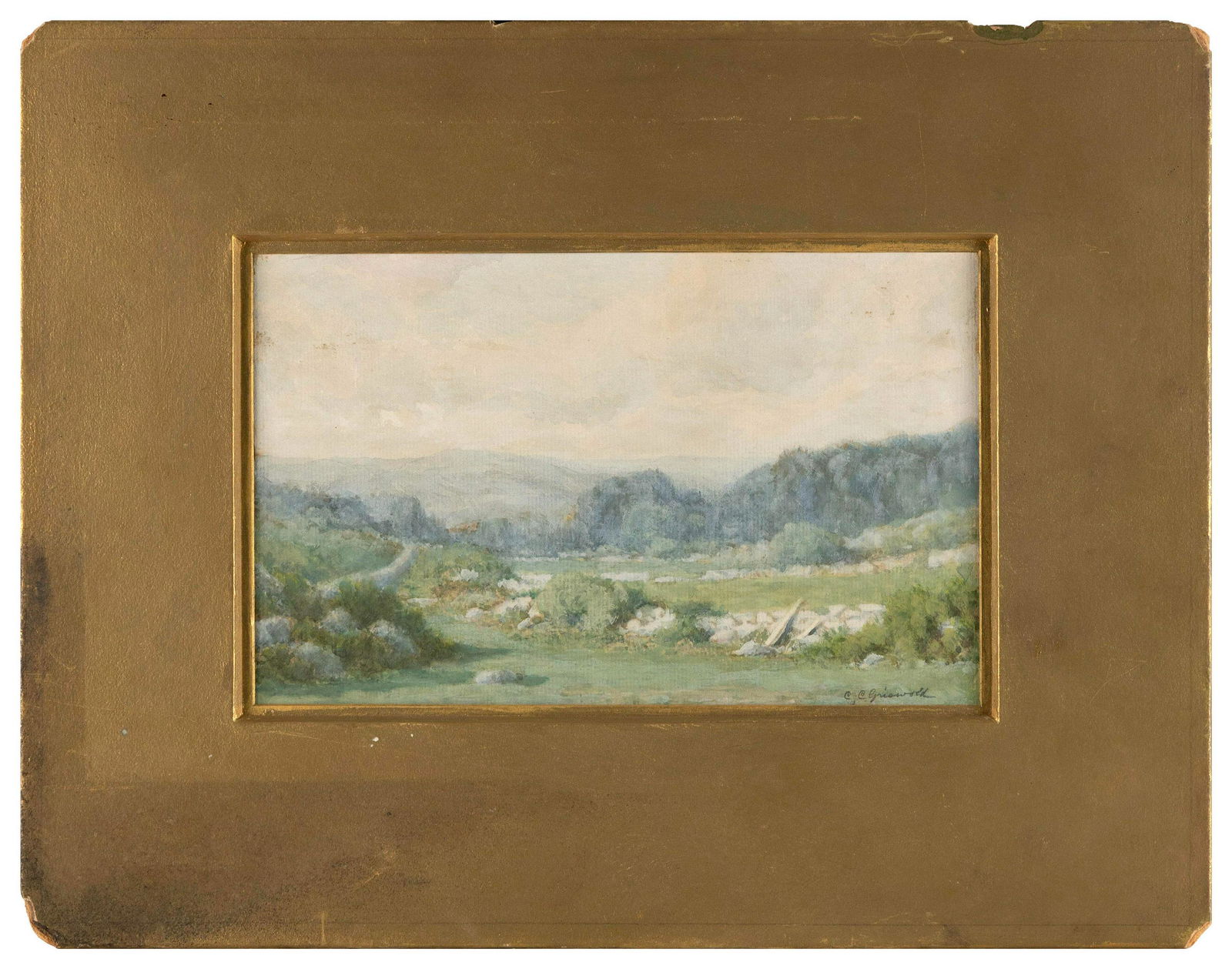 CASIMIR CLAYTON GRISWOLD (New York/Connecticut/Delaware/Ohio, 1834-1918), Rolling fields.,: CASIMIR CLAYTON GRISWOLDNew York/Connecticut/Delaware/Ohio, 1834-1918Rolling fields. Signed lower right “CC Griswold”.Watercolor on paper, 6.75” x 11”. Matted 14.25” x 18