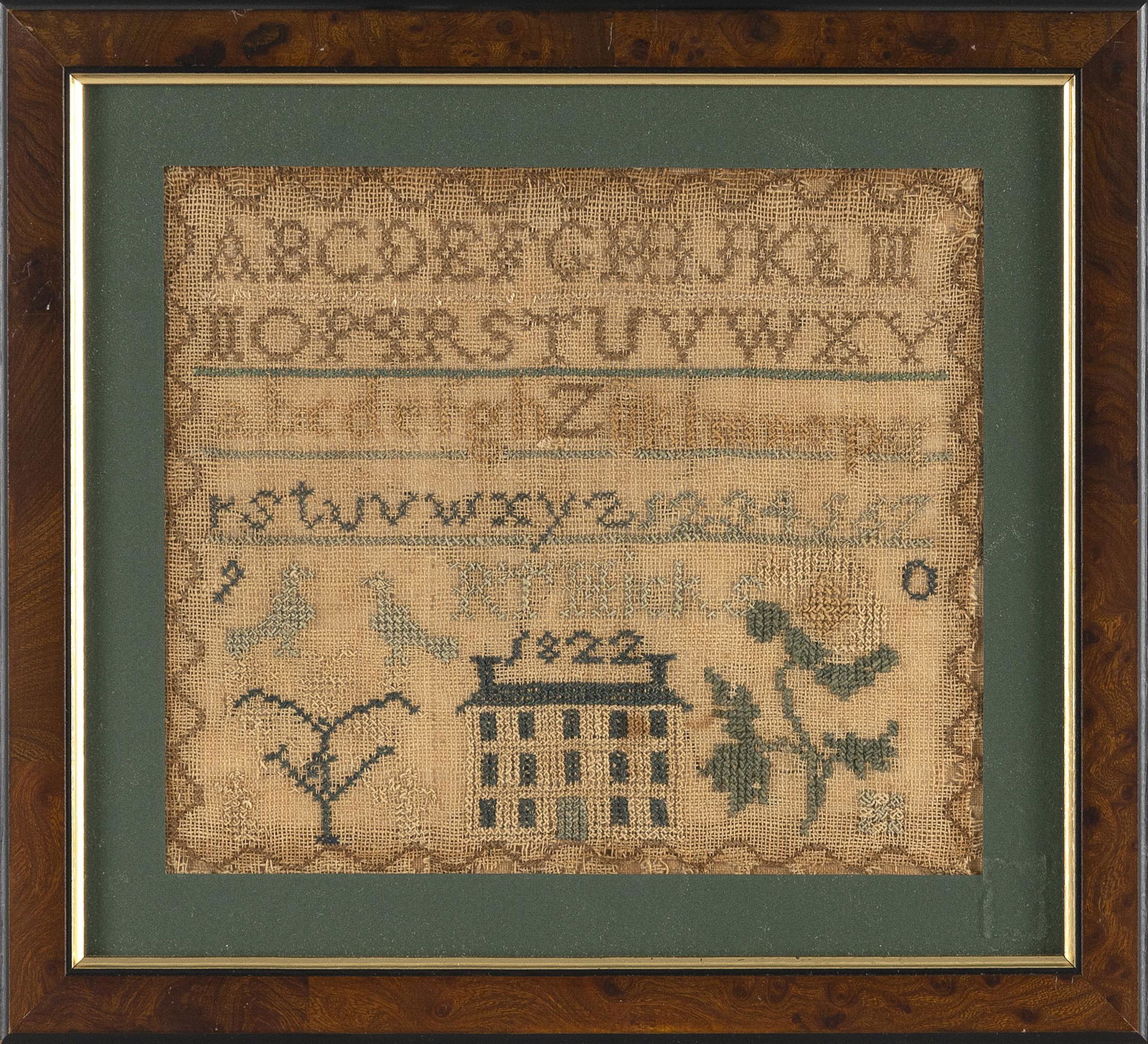 NEEDLEWORK SAMPLER BELIEVED TO HAVE BEEN WROUGHT BY A YOUNG BOY Dated 1822 6.75” x 8” (1 of 3)