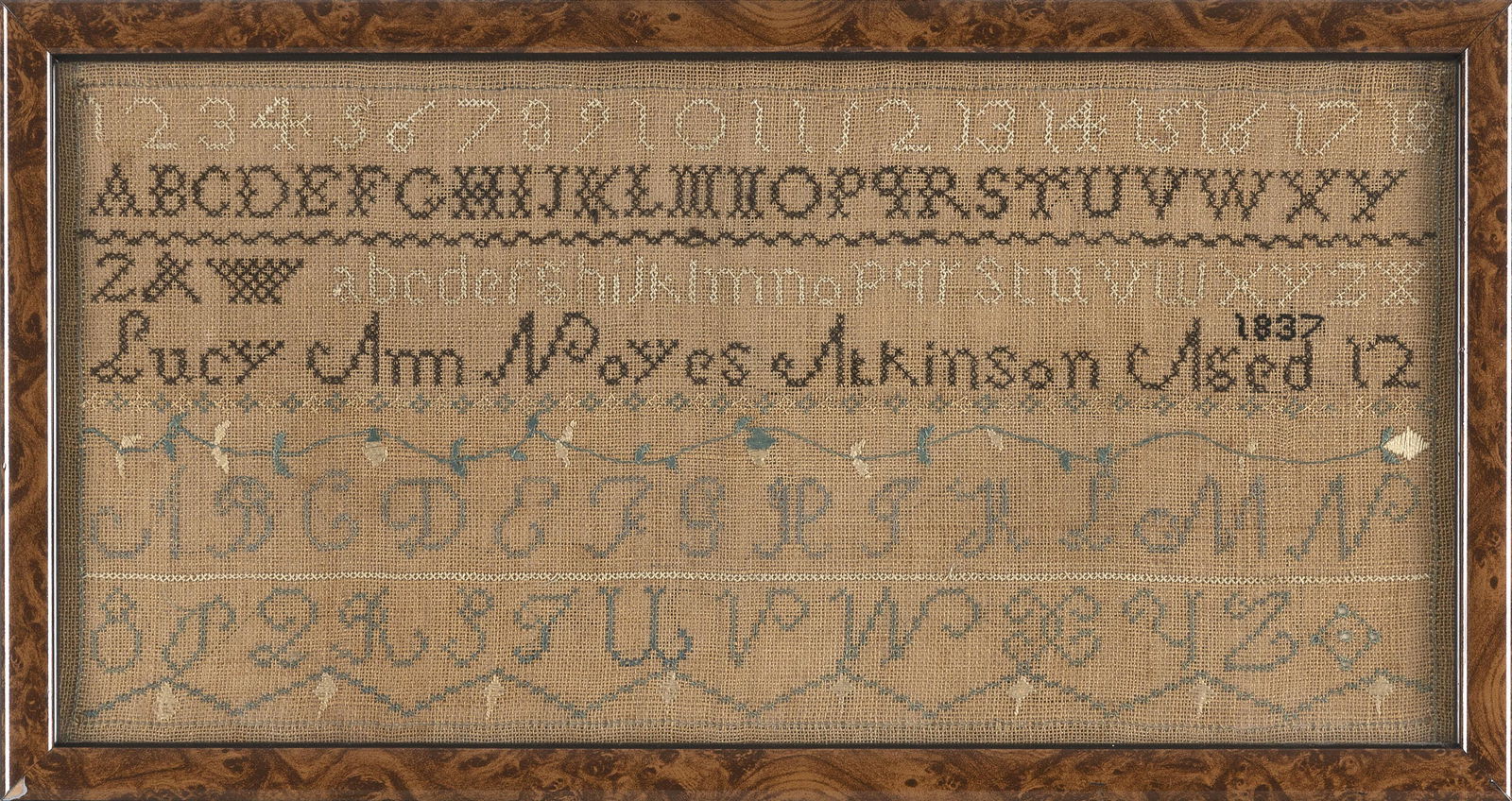 NEEDLEWORK SAMPLER Dated 1837 7.75” x 16.5” sight. Framed 9” x 18”. (1 of 2)