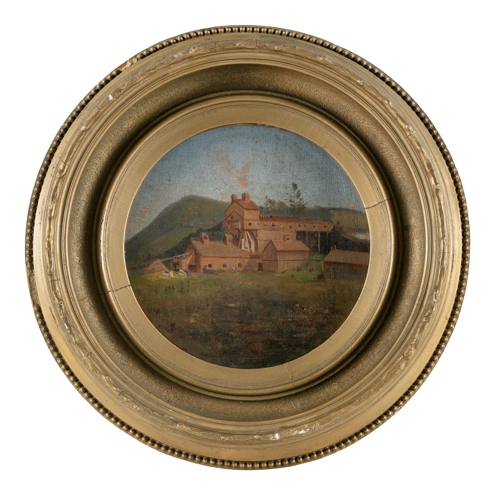 AMERICAN SCHOOL (19th Century,), Several buildings, possibly a factory, in the mountains., Oil on (1 of 2)