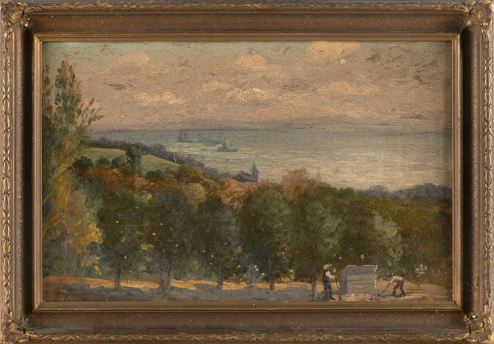 AMERICAN SCHOOL , Men tending the fields in an orchard overlooking a river., Oil on board, 10” (1 of 2)