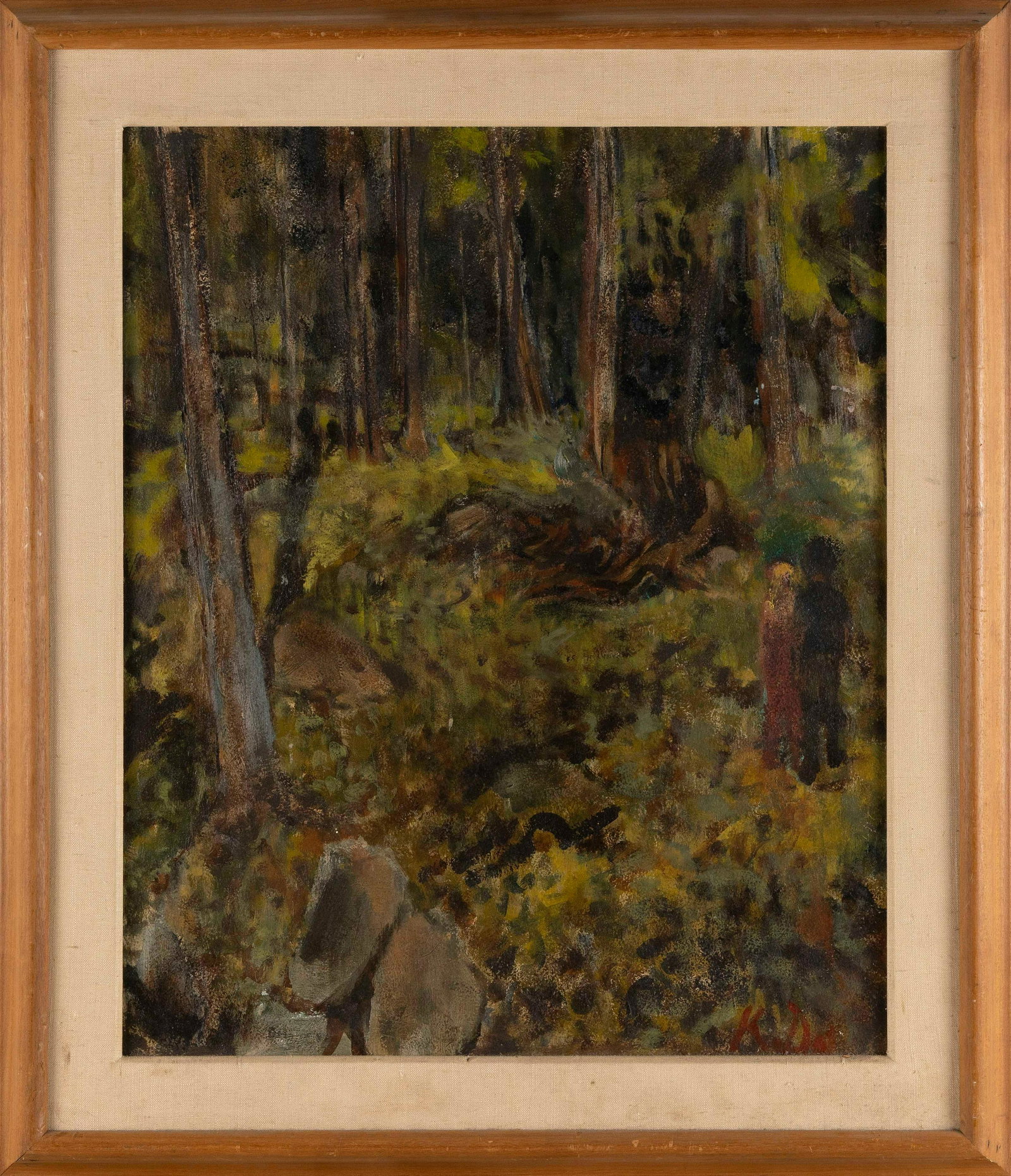 AMERICAN SCHOOL (Circa 1951,), Figures in the woods of Maine., Oil on panel, 23” x 19". Framed: AMERICAN SCHOOL Circa 1951 Figures in the woods of Maine. Signed lower right "K.D.". Inscribed verso "This was painted about 1951 in Maine". Oil on panel, 23” x 19". Fra