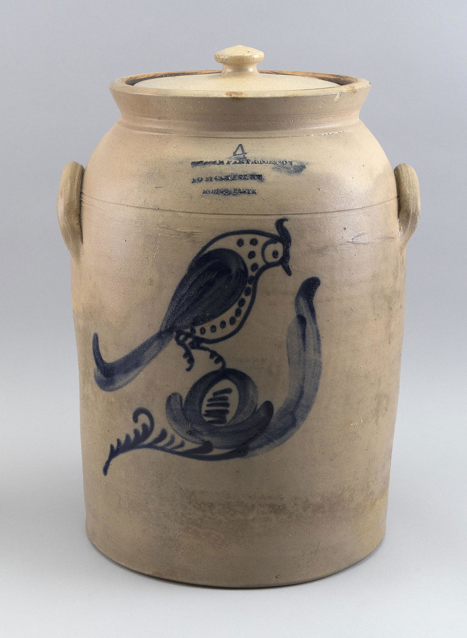 FOUR-GALLON STONEWARE CROCK 19th Century Height 15.5”. (1 of 2)