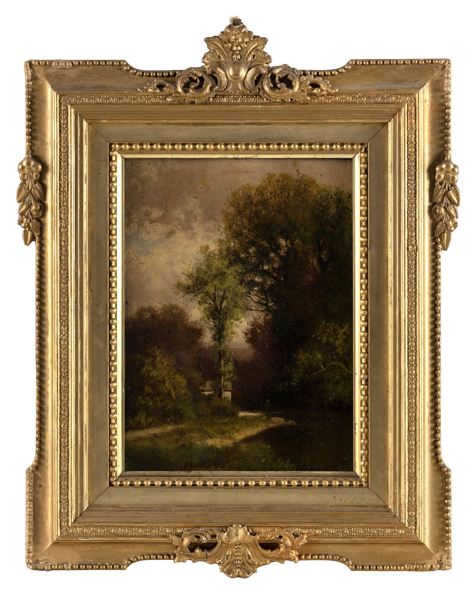 CHARLES T. PHELAN (New York, b. 1840), Woodland landscape cottage, river and fisherman., Oil on: CHARLES T. PHELANNew York, b. 1840Woodland landscape cottage, river and fisherman. Signed lower left â€œC.T. Phelan”.Oil on board, 8” x 6”. Framed 13.75” x 11”.