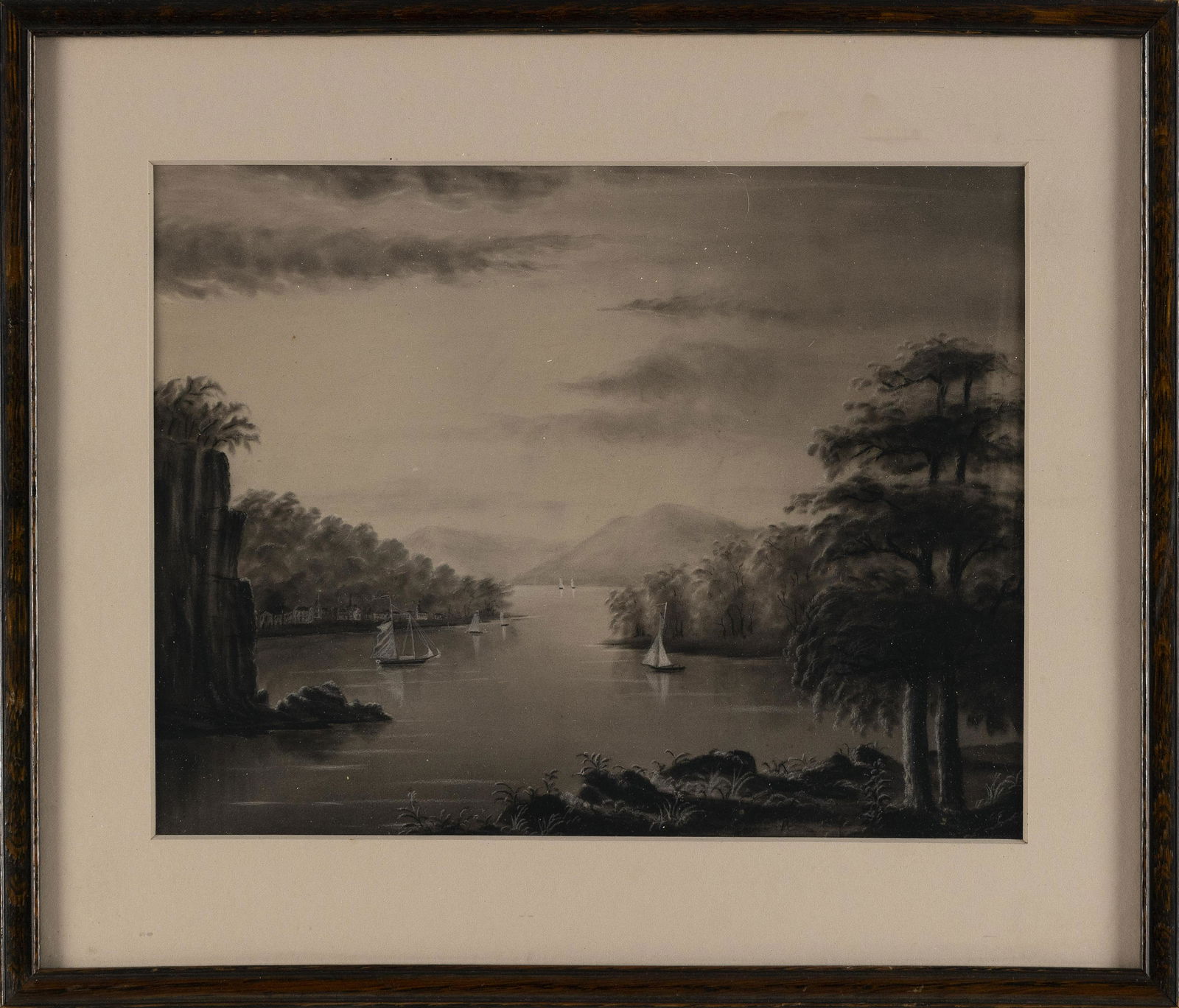 AMERICAN SCHOOL (19th Century,), Sailing on the Hudson., Sandpaper painting, 8.25" x 10.75" sight. (1 of 2)