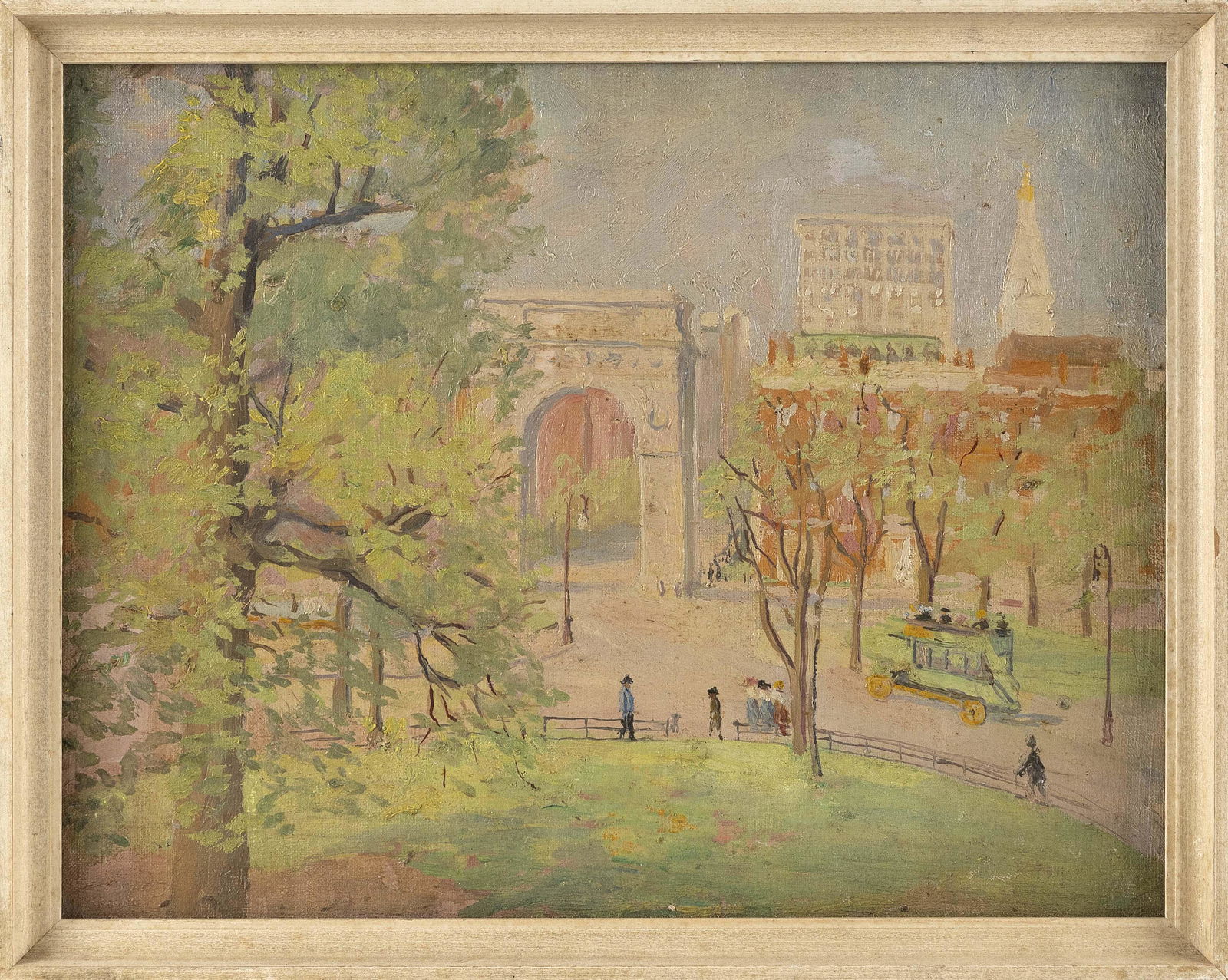 AMERICAN SCHOOL (20th Century,), Washington Square., Oil on artist panel, 10.5” x 13.75” (1 of 2)