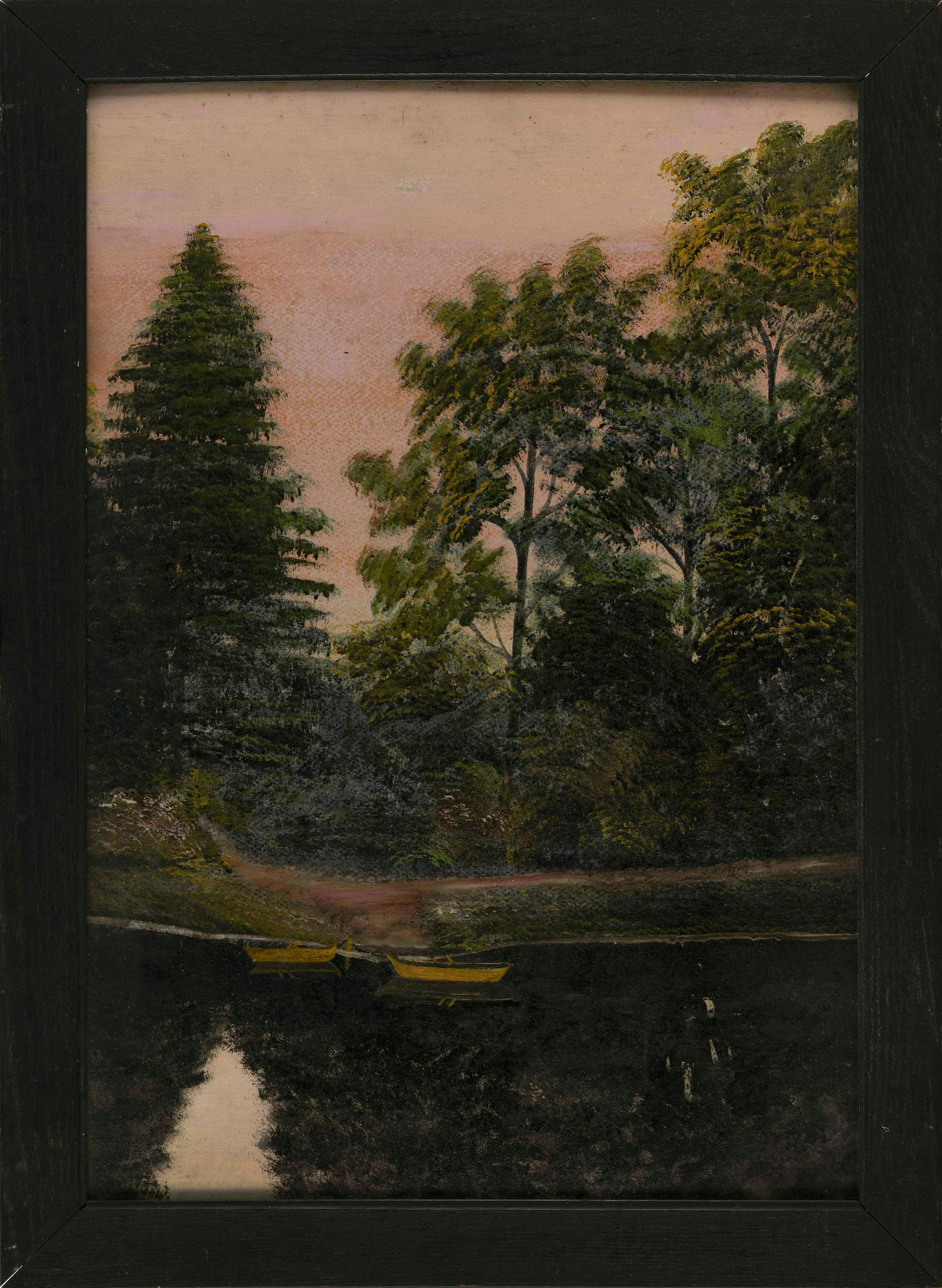 AMERICAN SCHOOL (Early 20th Century,), Towering trees along the shore of a pond., Oil on board, 26" (1 of 2)