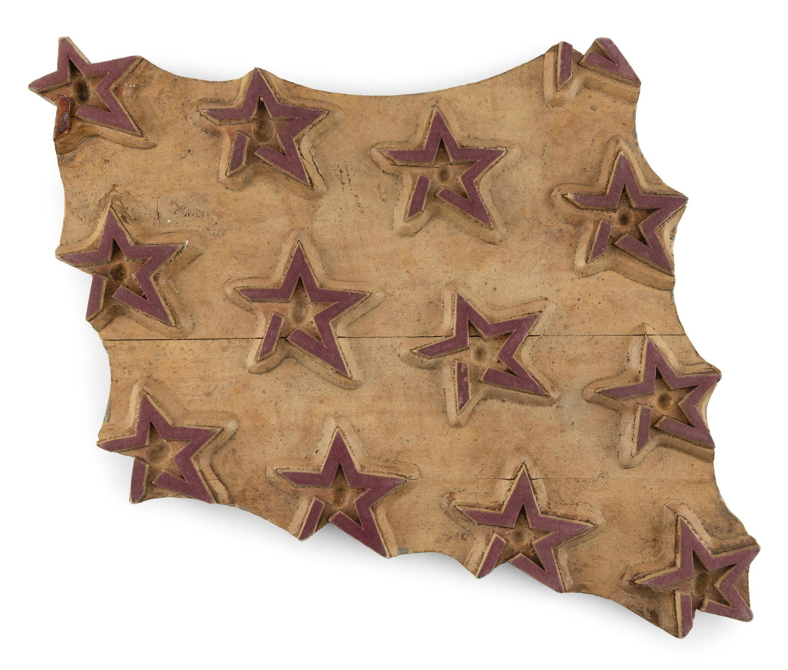 AMERICAN TEXTILE OR WALLPAPER FLOCKED STARS PATTERN STAMP 20th Century 20” x 16”.: AMERICAN TEXTILE OR WALLPAPER FLOCKED STARS PATTERN STAMP 20th Century Carved from birch. Marked on back “A. Verspr”. 20” x 16”.