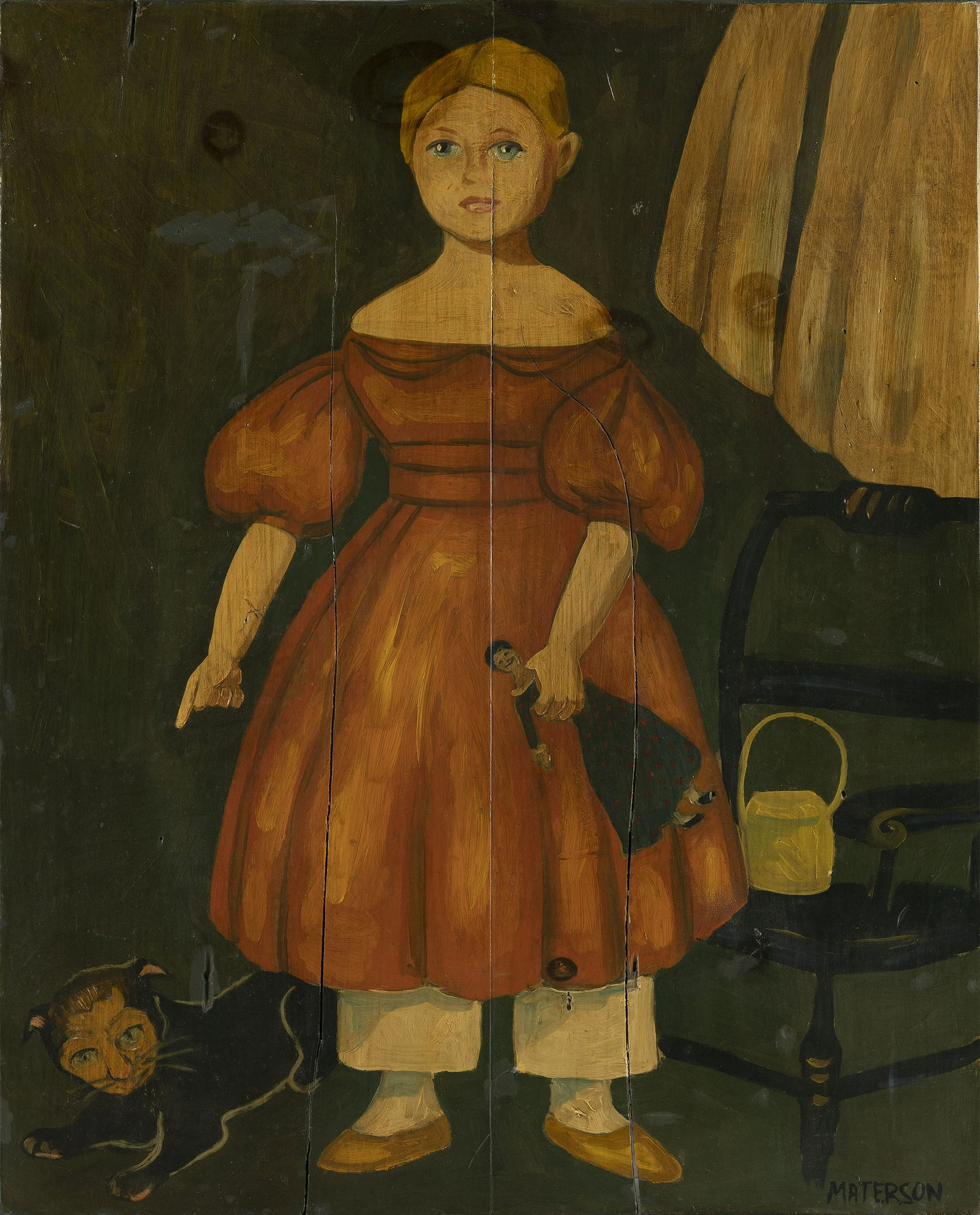 AMERICAN SCHOOL (Late 20th Century,), Folk art-style painting of a girl holding a doll., Oil on: AMERICAN SCHOOL Late 20th Century Folk art-style painting of a girl holding a doll. Signed lower right "Materson". Oil on board, 28.5" x 23". Unframed.